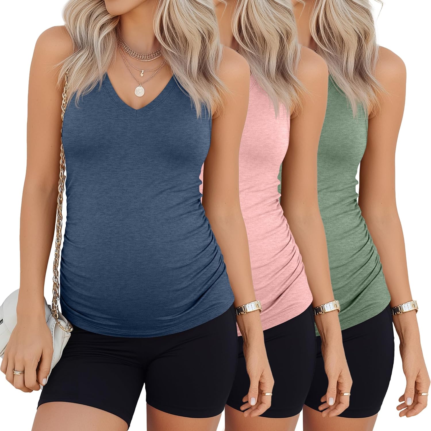 3 Pack Maternity Tank Tops for Women Summer Pregnancy Shirts Pregnant V Neck Sleeveless Ruch Side Casual Clothes