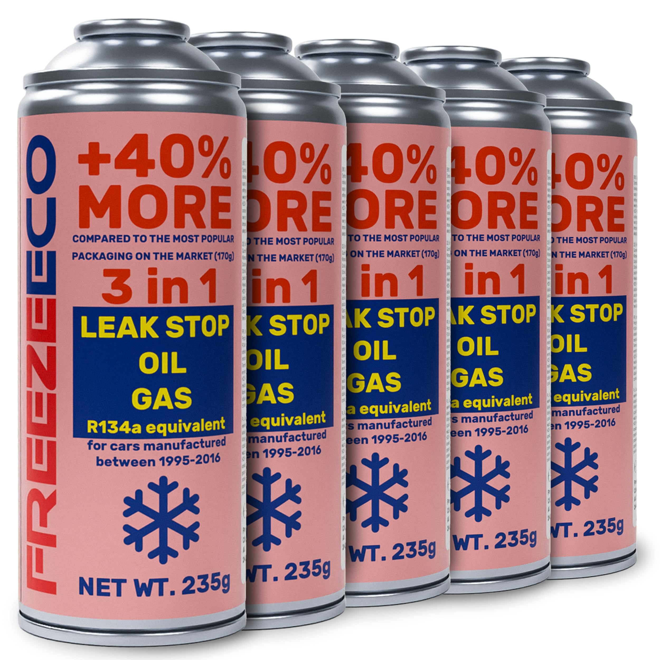 FREEZECO 3in1-5 Dosen R134a Ersatzkältemittel für die Befüllung von Klimaanlagen für PKW 1995-2016, 235g