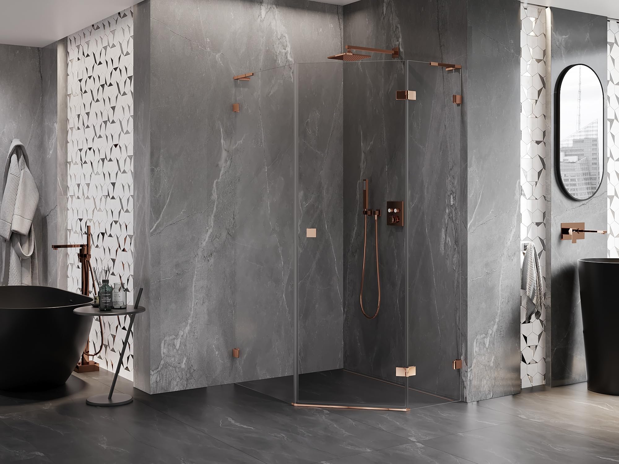 Mexen Lunar L - Box Doccia Cinquagonale con Porta Battente Destra, 80x90 cm, Trasparente, Oro Rosa