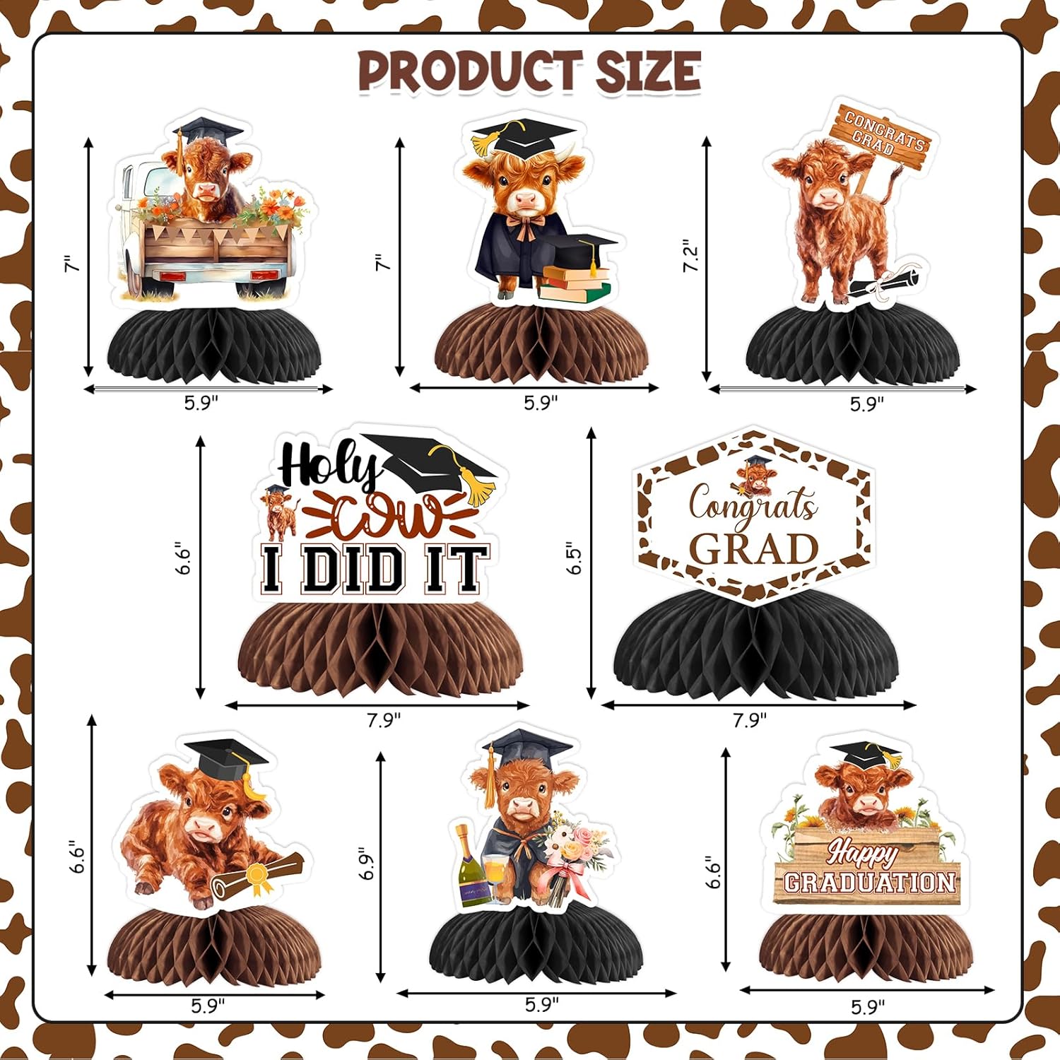 Funmemoir Highland Cow Graduation Decoration 2026-8PCS Highland Cow Honeycomb Centerpieces, Holly Cow I Did It Farm Animal Cattle Class of 2026 Congrats Grad Graduation Party Decorations