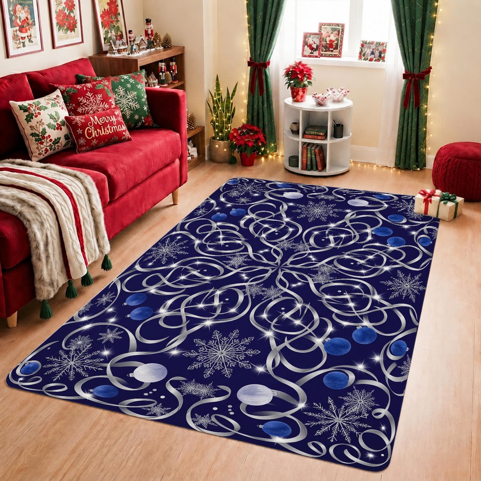 Elegante alfombra de Navidad con cinta plateada y copos de nieve y copos de