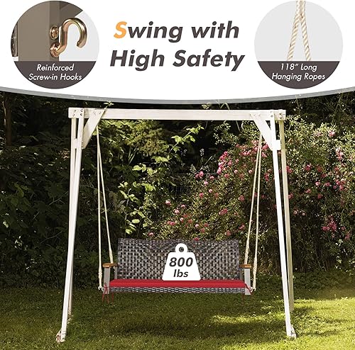 Miniatura 5 de Happygrill Silla oscilante de ratán para porche de 2 asientos, banco oscilante de mimbre para exteriores con cojín de asiento y reposabrazos de