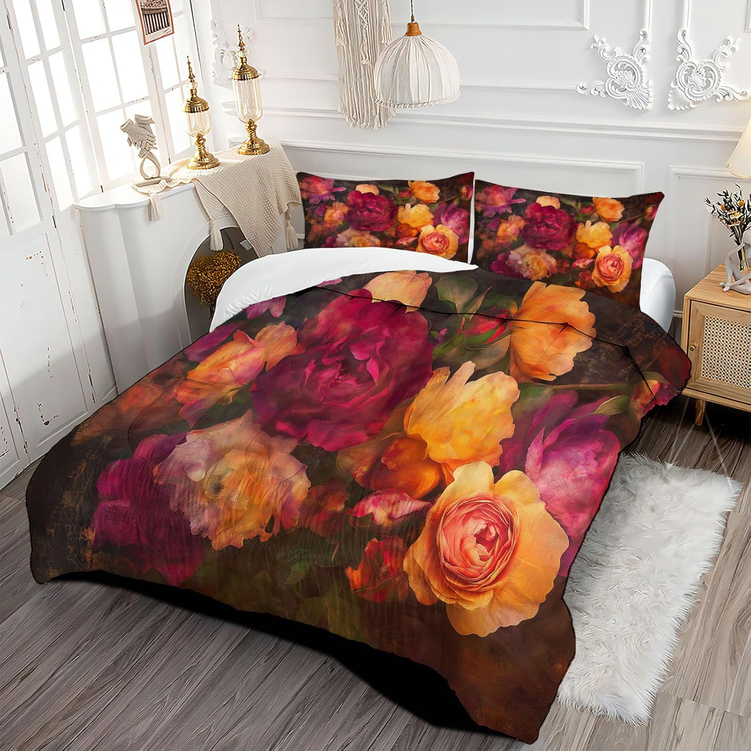 3D Romantic Retro Rose Comforter Set Twin Size Bedding Set Baroque Art Style All Season Down Comforter Printed Quilted with 2 Pillow Shams for Kids, Teens, Adults 68 x 86in Red