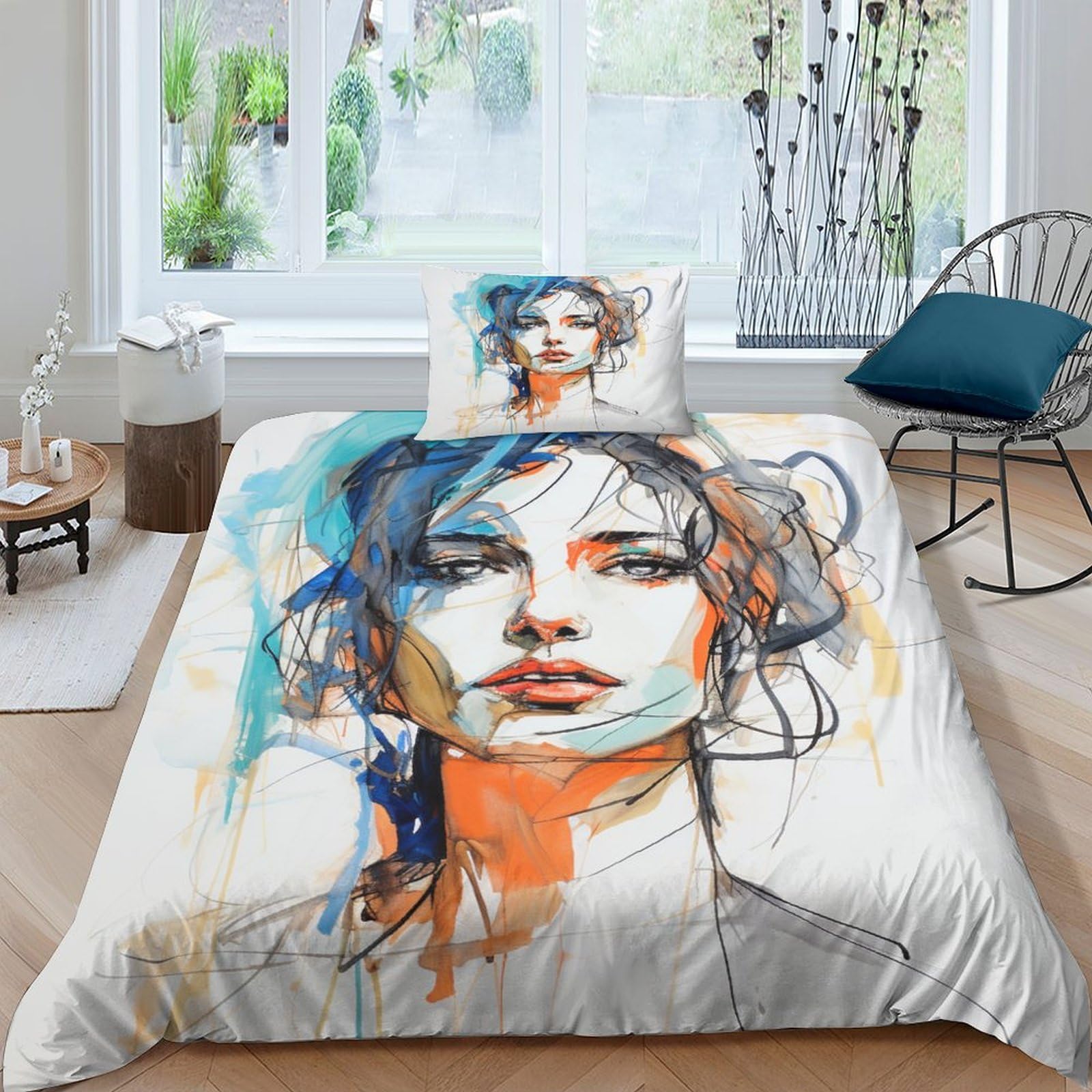 Watercolour Woman 3D Printed Colourful Lines Duvet Cover Comforter Covers for Boys Girls Quilt Cover with Zipper Closure with Pillow Cases Soft Microfiber Bedding Set 3 Pieces Single（135x200cm）