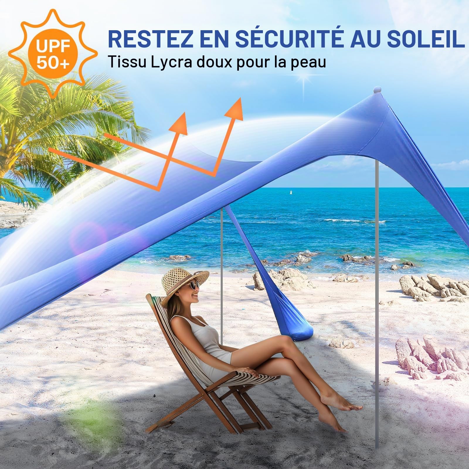 Sportneer Tente de plage, 3 x 3 m, abri solaire UPF50+ avec sacs de sable, pelles à sable, piquets de sol et poteaux de stabilité, auvent de plage d'extérieur pour plage, camping, pêche