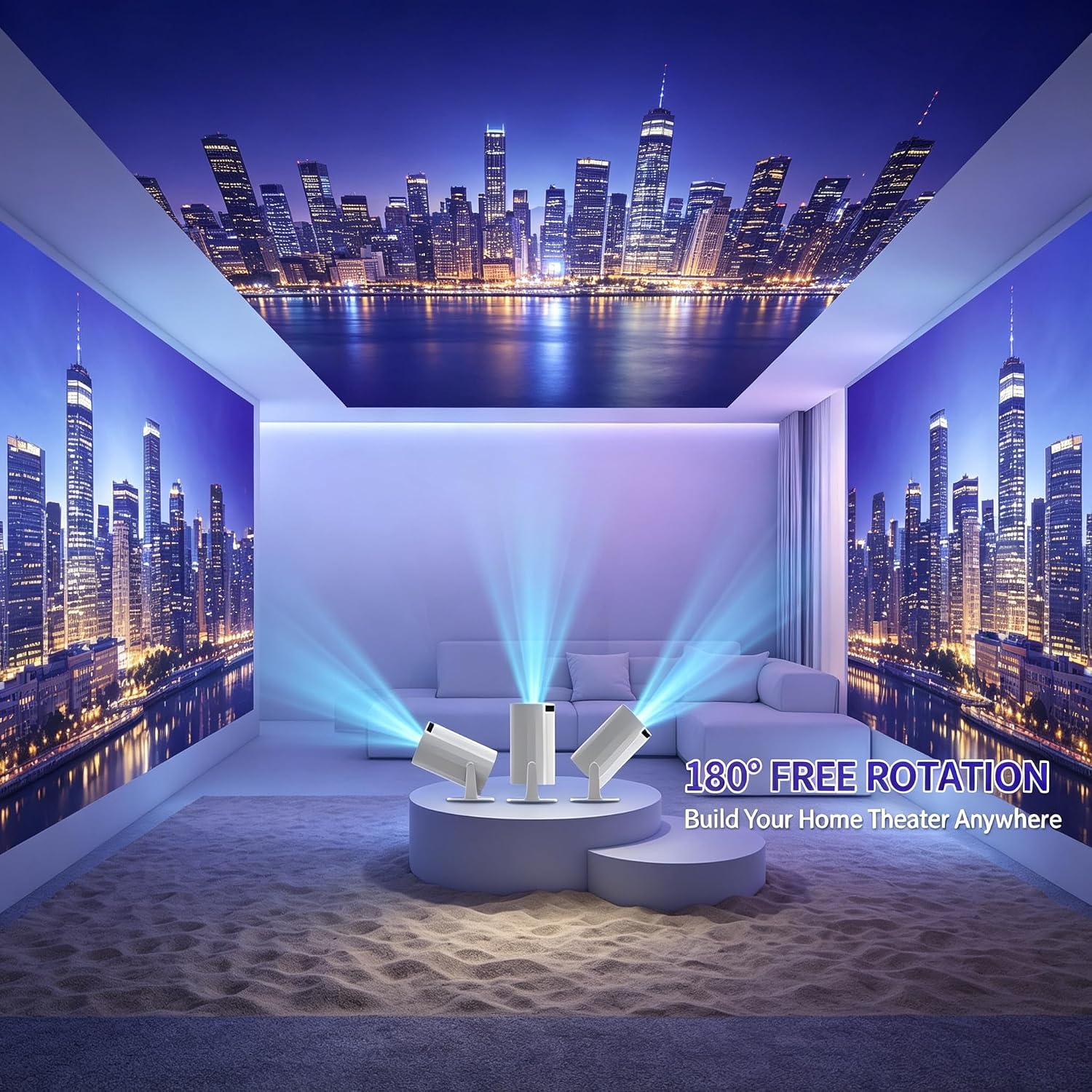 180° Rotatable Smart Projector - WiFi 6 & Bluetooth 5.3, Native 1080P Full HD Portable Projector for Bedroom Ceiling, Auto Keystone, 4K Support Home Theater, Support Android 11 & Netflix
