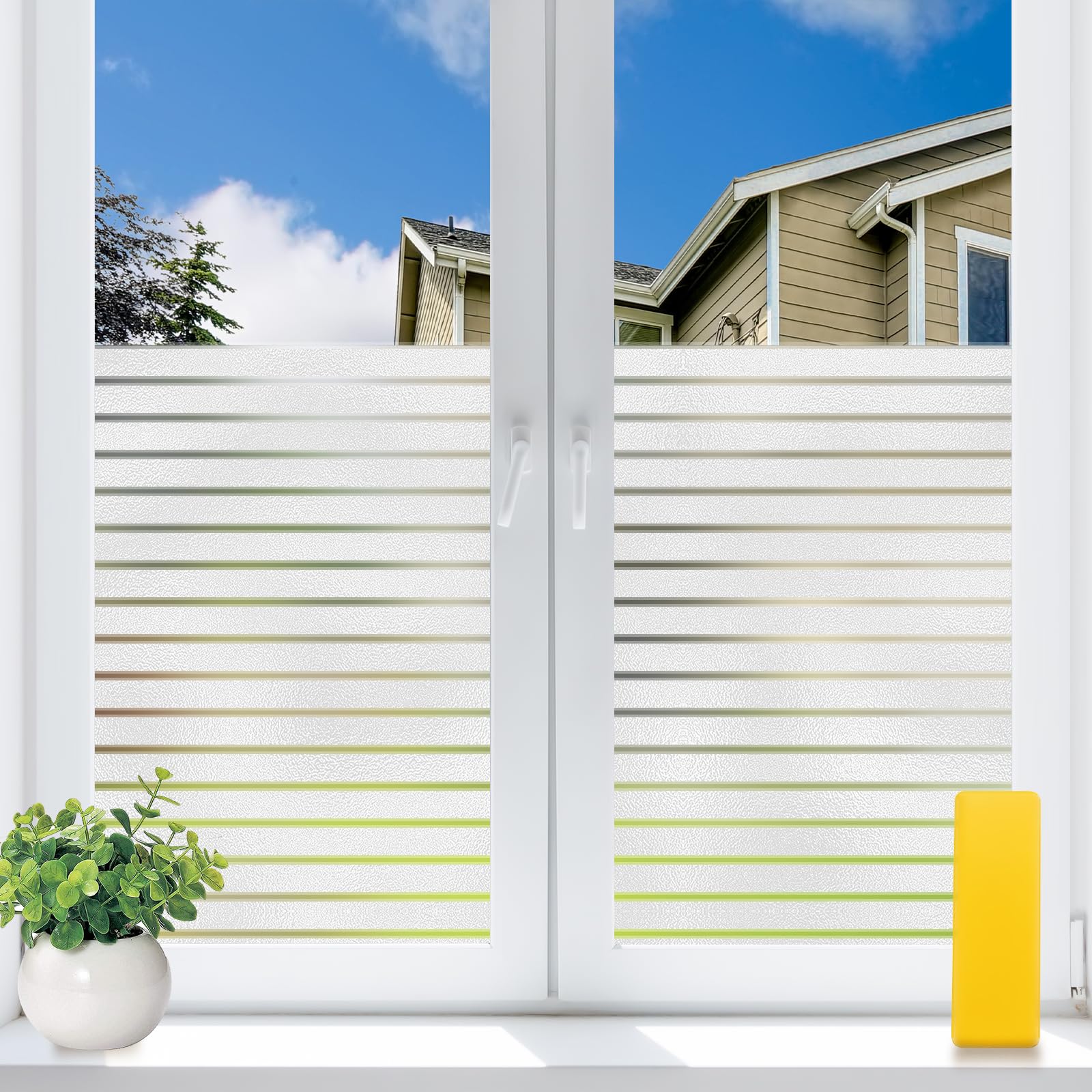 Weeoley Window Film Privacy Frosted Stripe 59.5x120 cm, Opaque Decorative Static Cling Glass Film No Glue UV Protection Privacy Film for Glass Windows for Home Office Kitchen
