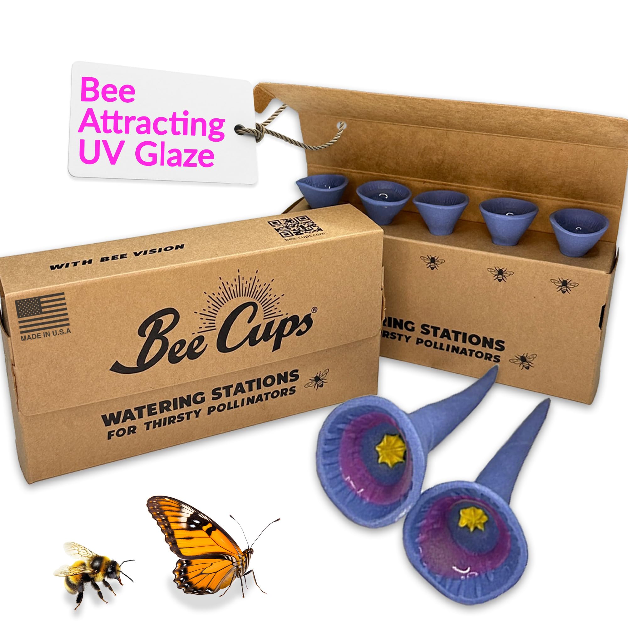 5 Pack, Bee Watering Station, 100% Handmade Porcelain, Bee and Butterfly Feeder for Garden, Outdoor Feeders for Thirsty Pollinators, Plastic Free, Pollinator Attracting Glaze (5, Blue)