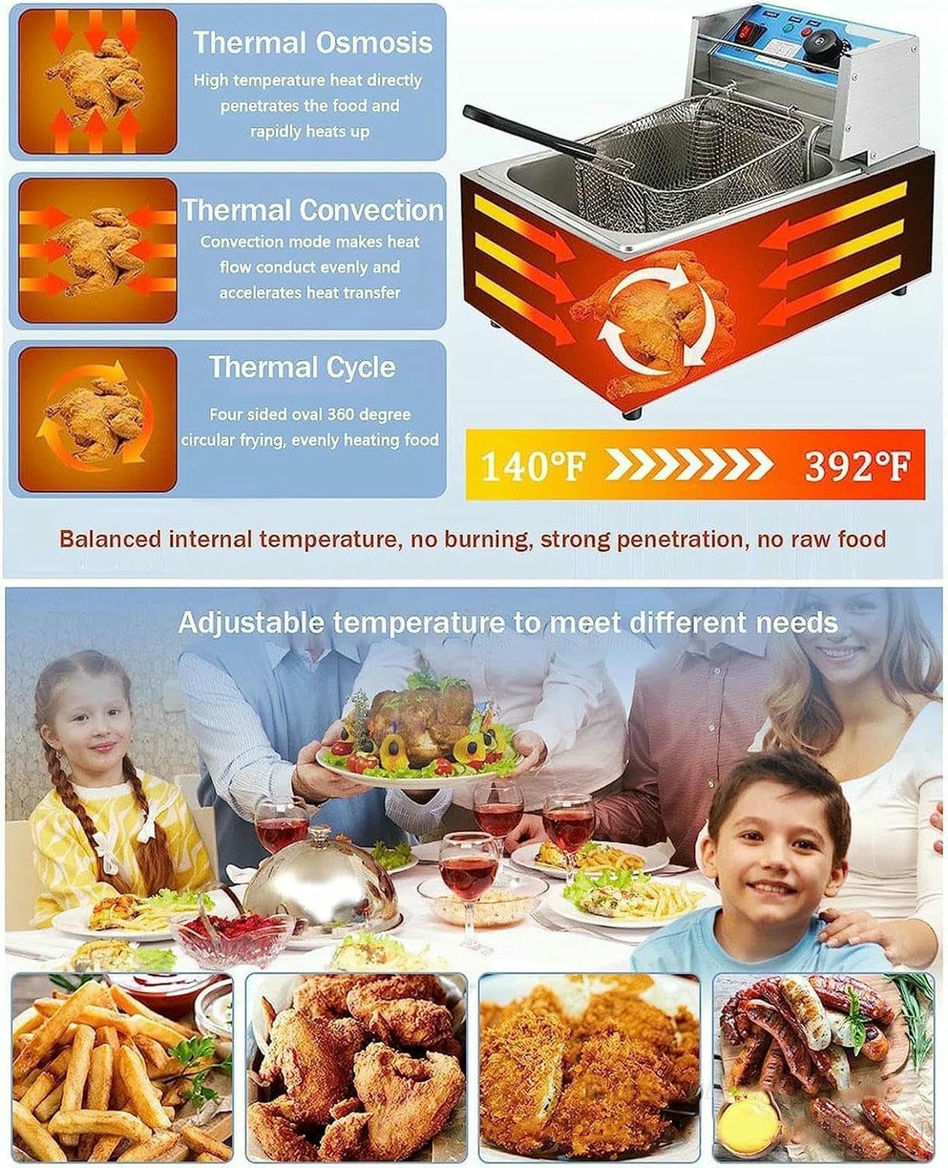 Freidora de Aceite eléctrica Comercial de Acero Inoxidable de 6 litros y 12 litros, con Ajuste de Temperatura e indicador Luminoso y termostato Ajustable