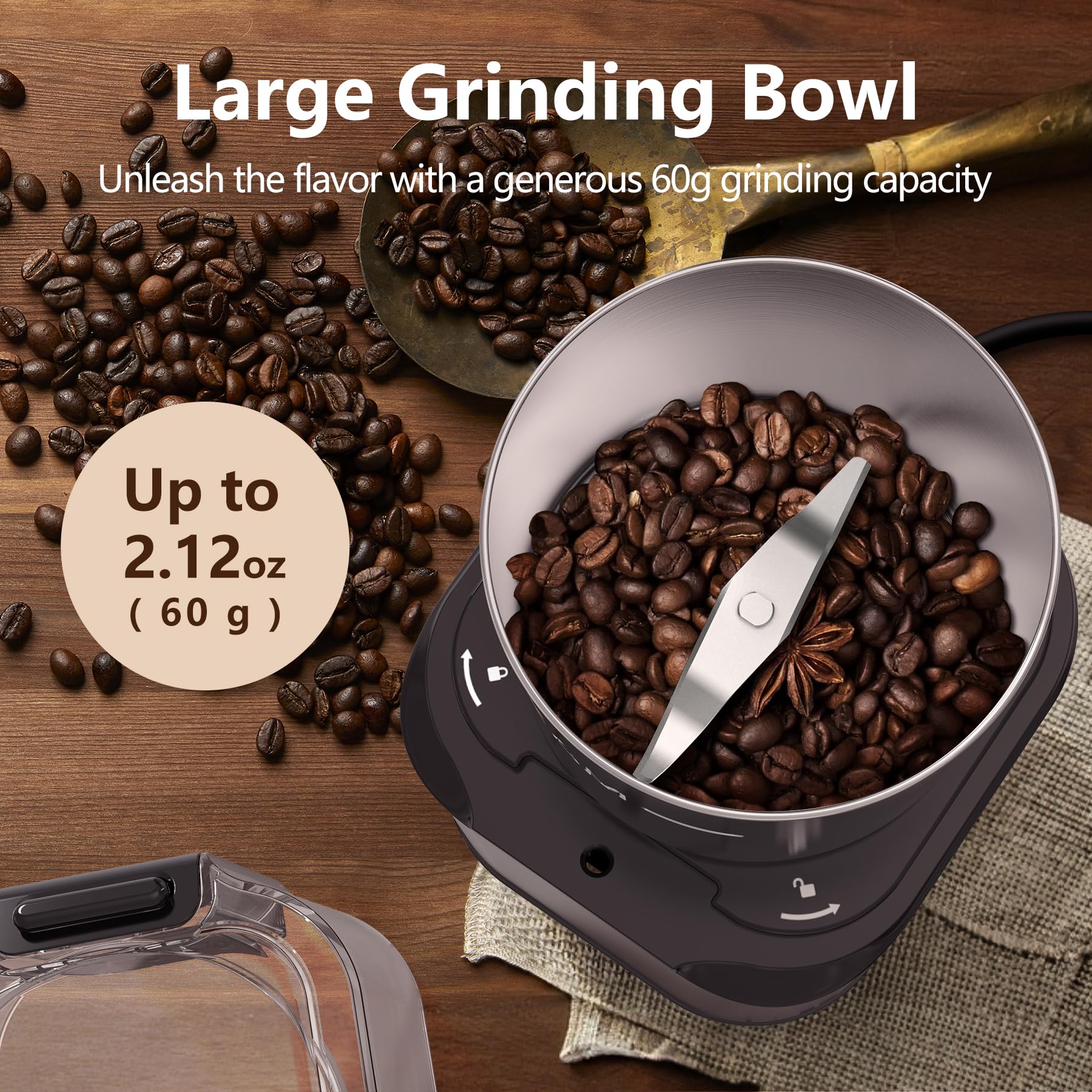 OMISOON Macina Caffe' Elettrico 150W, Macinacaffè Elettrico con Contenitori Rimovibili in acciaio inossidabile, 60g Capacità, per Chicchi di Caffè, Spezie, Cereali, Pepe, Noci