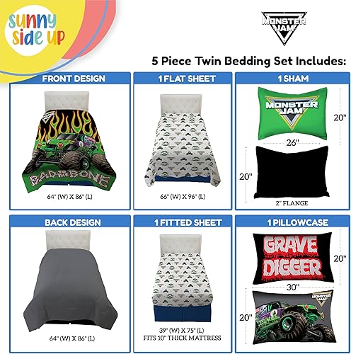 Miniatura 3 de Monster Jam - Juego de edredón tamaño individual, ropa de cama infantil de 5 piezas, incluye edredón, sábanas y funda de almohada, juego de cama de