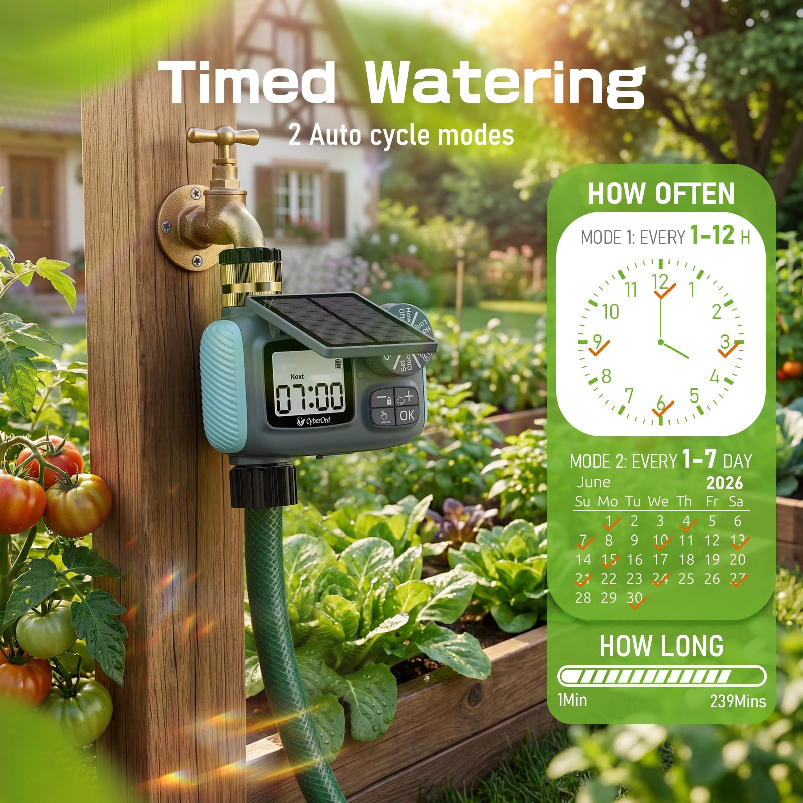 Programmateur Arrosage Automatique Recharge Solaire, Minuteur Arrosage Retard De Pluie, Programmable par Semaine/Heures/Jours d'intervalle, Programmateur d'arrosage pour Jardin,Cour,Pelouse