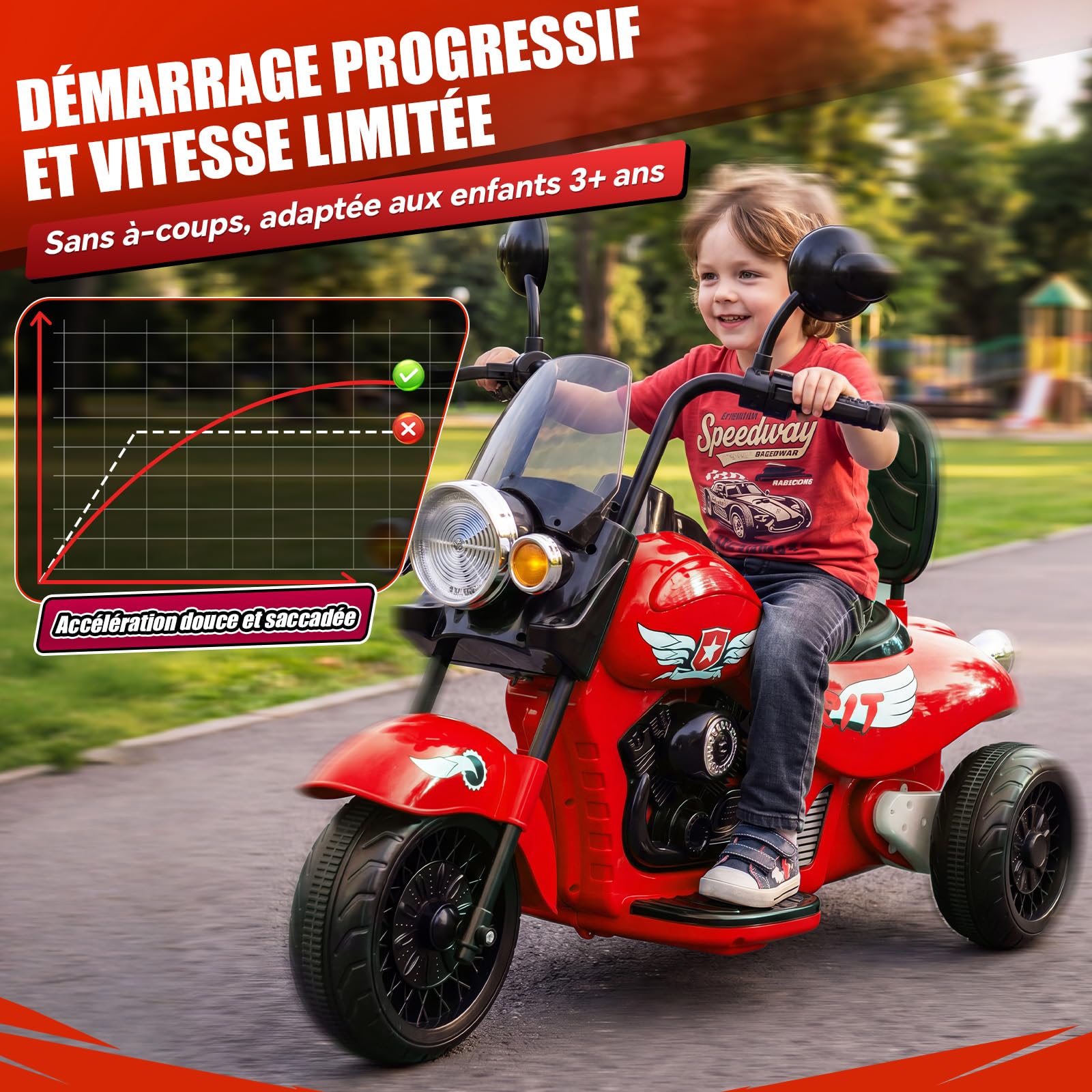 Garvee Moto Électrique Enfants 12V 3 Roues 2 Moteur Scooter pour 3 à 6 Ans