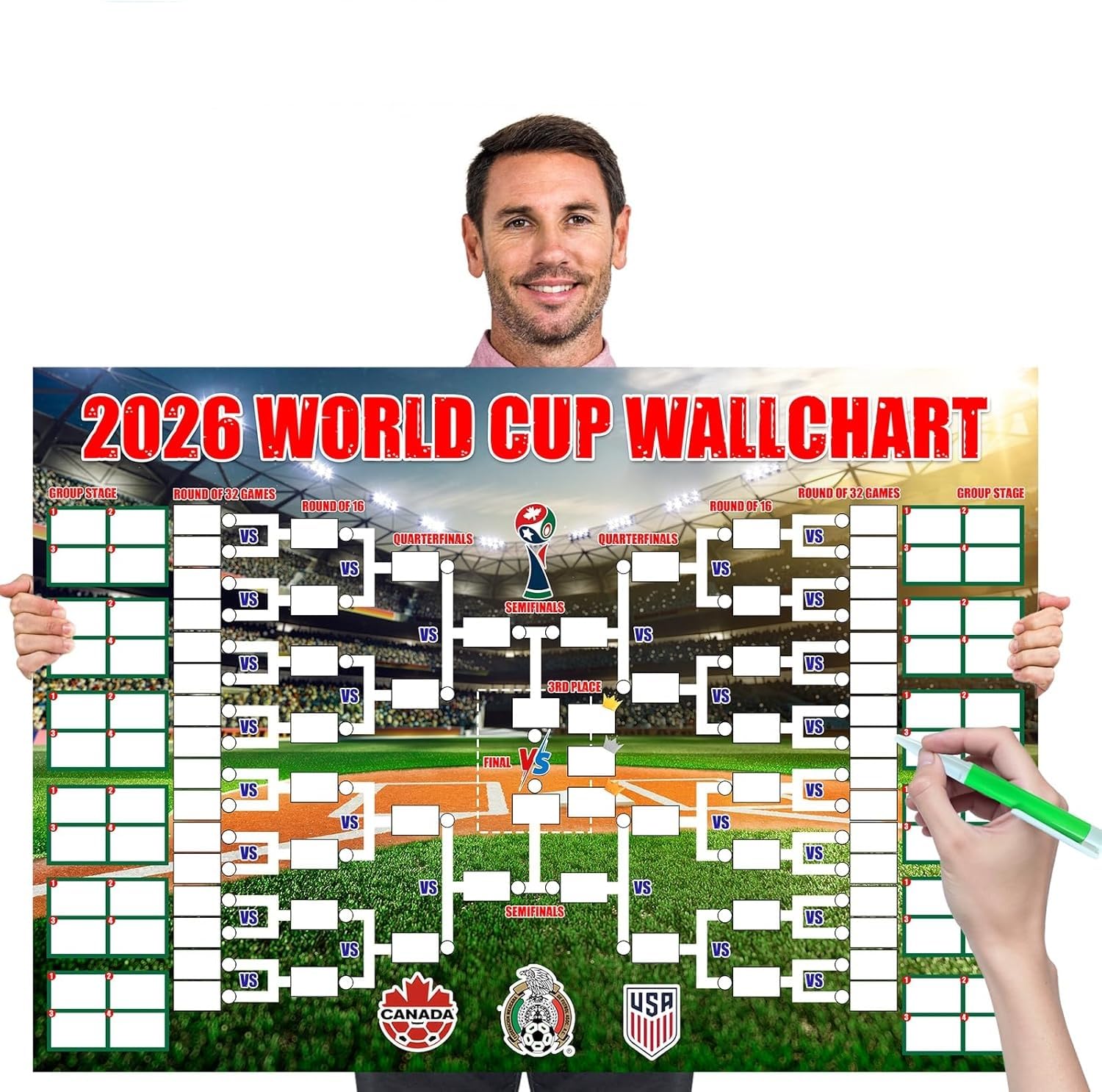 2026 World Cup Football Schedule Poster, Tournament Interactive Poster Backdrop Stadium Edition Wallchart Football Tournament Tracking Chart for Bedroom Living Room Fan Decor Great Gifts (180x110CM)