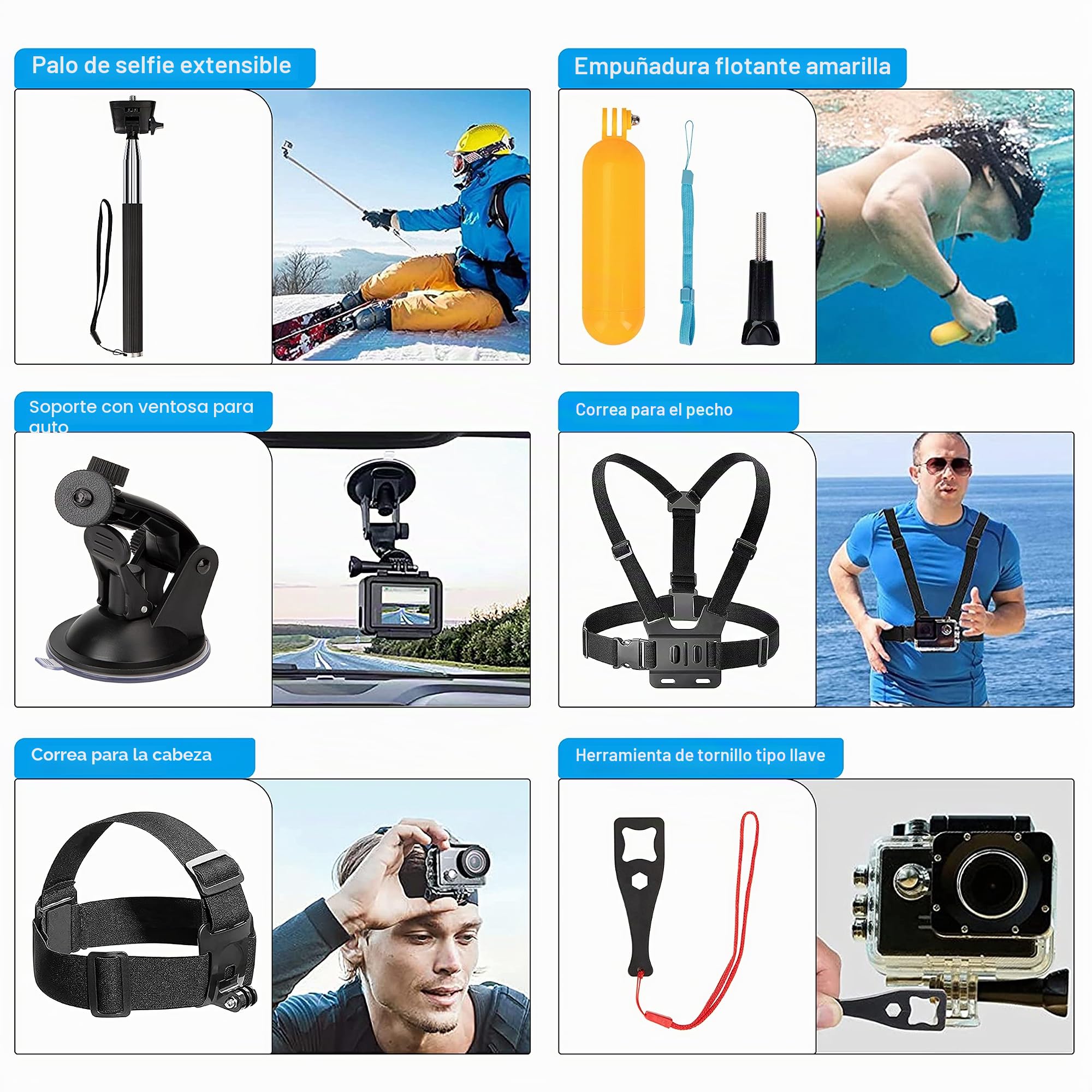 Accesorios de Cámara de Acción Kit 9-en-1, Arnés de Pecho + Arnés Banda Cabeza, compatibles con Gopro Hero 10/9/8/7/6/5/4 Insta360 dji SJCAM AKASO y Otras Soporte cámaras de acción