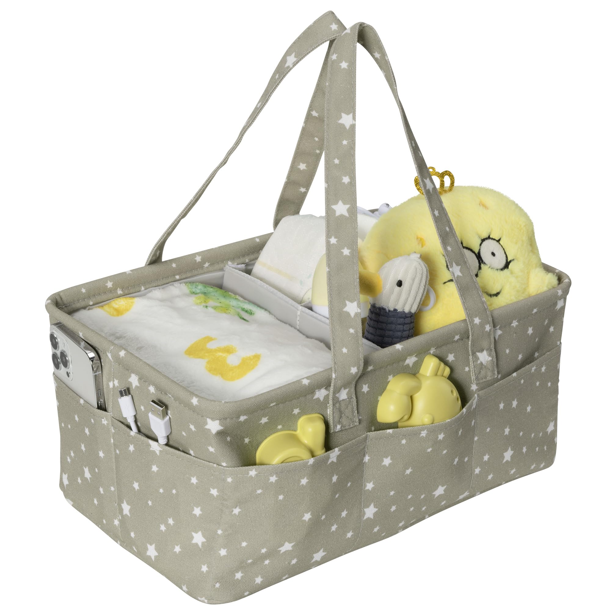 Navaris Nappy Caddy Organiser in Grey with Star Pattern - Baby Changing Basket with 10 Side Pockets & Removable Divider - Diaper Storage Bag - Newborn Essentials