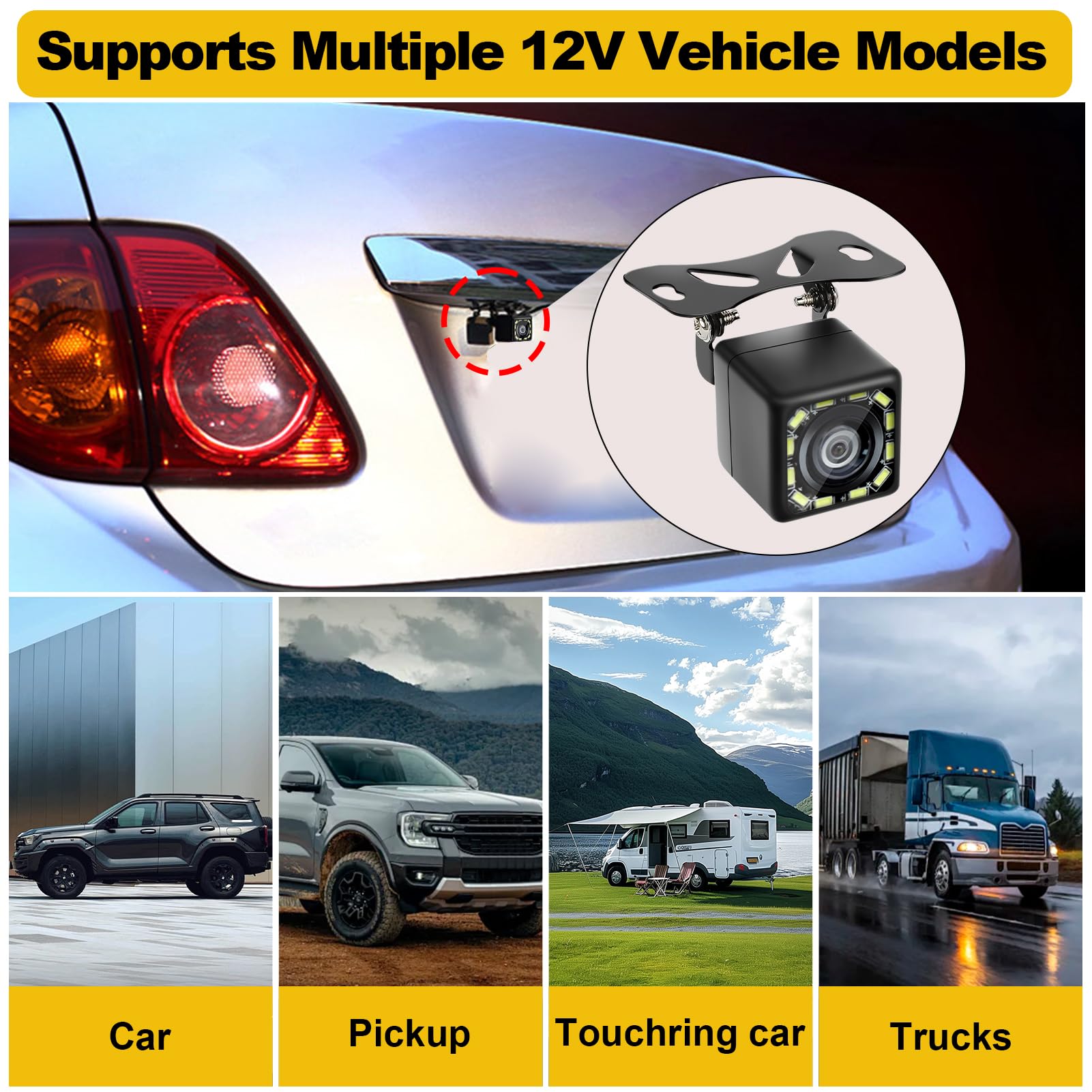 Achteruitrijcamera voor auto, 1080p, Ultra HD, 12 leds