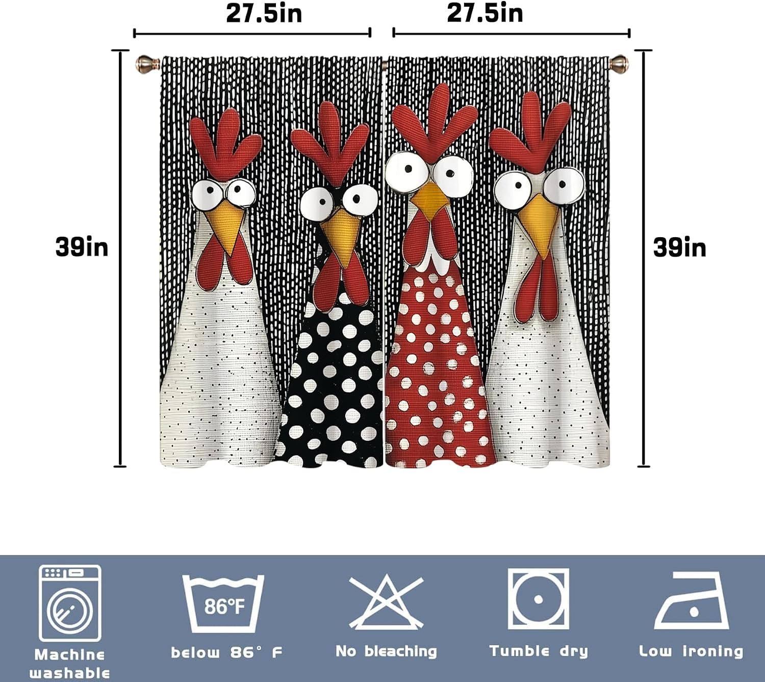 Rooster Chicken Kitchen Window Curtains, Rustic Farmhouse Light-Filtering Short Cafe Tier Curtains, Country Vintage Funny Rod Pocket Small Window Treatments (2 Panels, 27.5 x 39 in) image 5