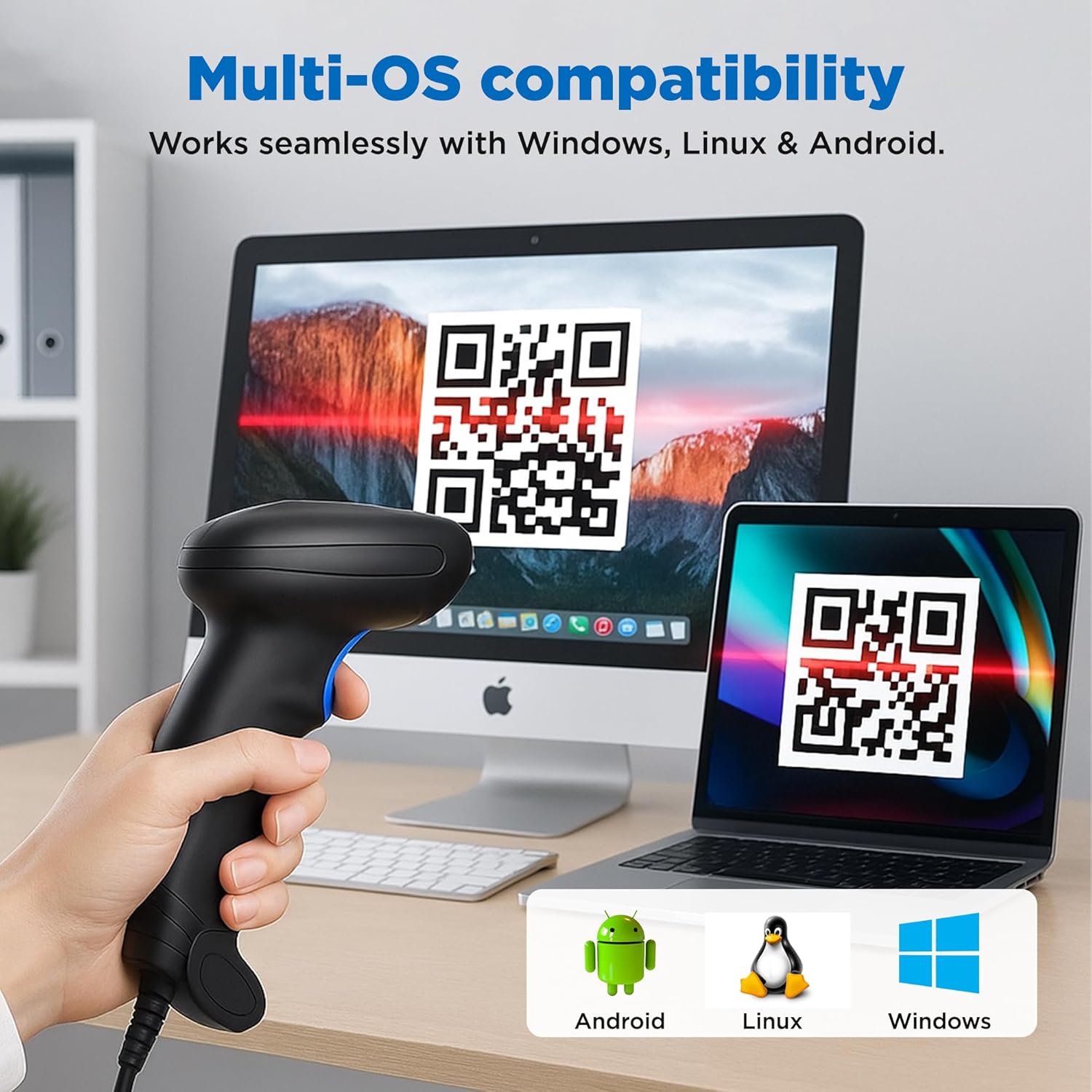 Barcode Scanner with Stand, Code Reader with 1MP Image Sensor, 2D Barcode Scanner for Multi Purposes & Wired Connection with Visual Indicator Alert