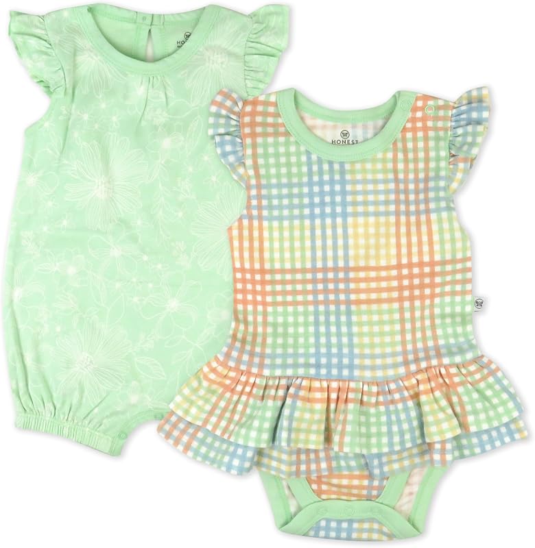 HonestBaby Vestido tipo mameluco y volantes 100% algodón orgánico para bebés y niñas pequeñas