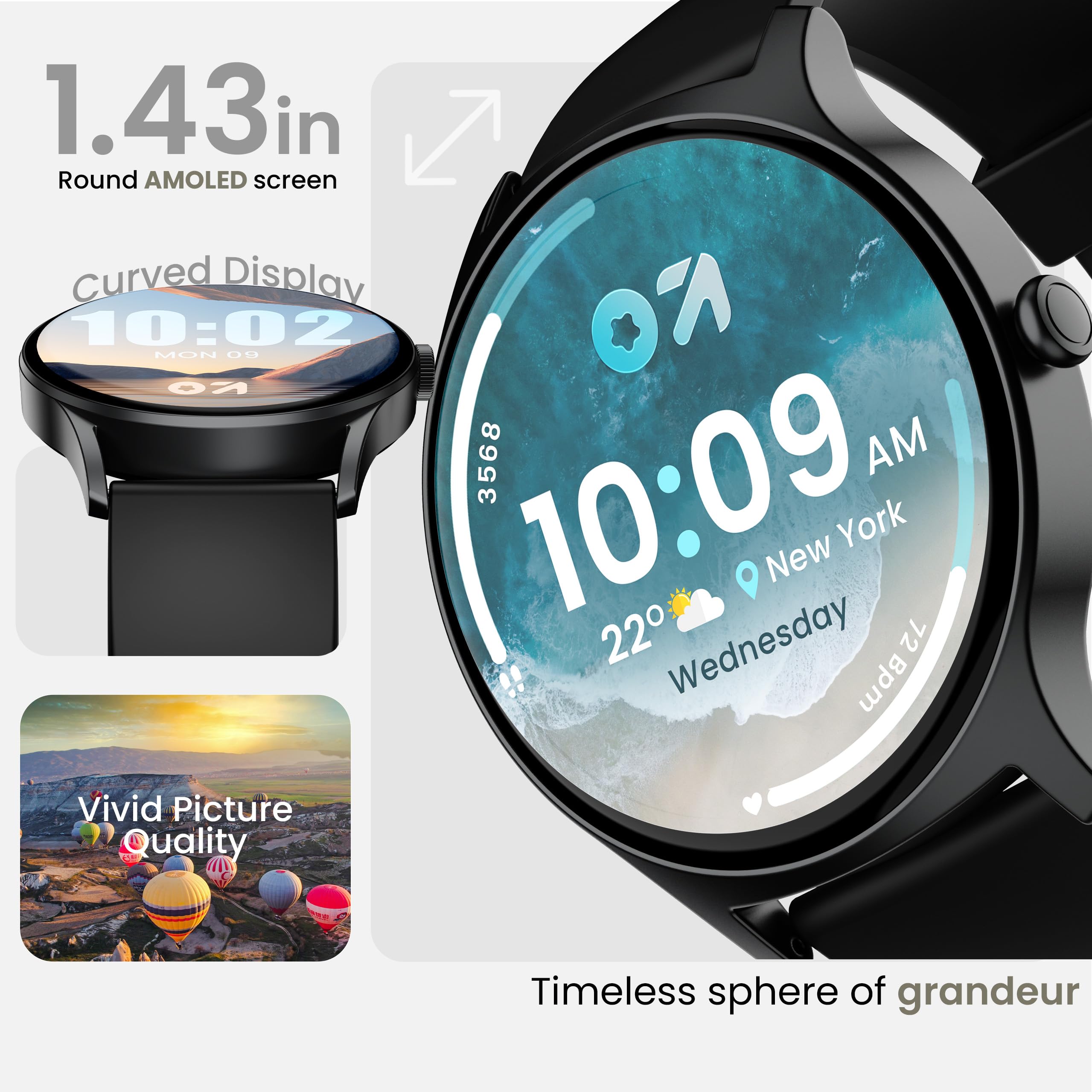 Boult Rover Pro Smart Watch 3.0 cm AMOLED, połączenia Bluetooth, IP68, ramka ze stopu cynku, jasność 1000 nitów, asystent głosowy AI, monitorowanie SpO2, smartwatch z trybem sportowym 120+ (Ash Black)