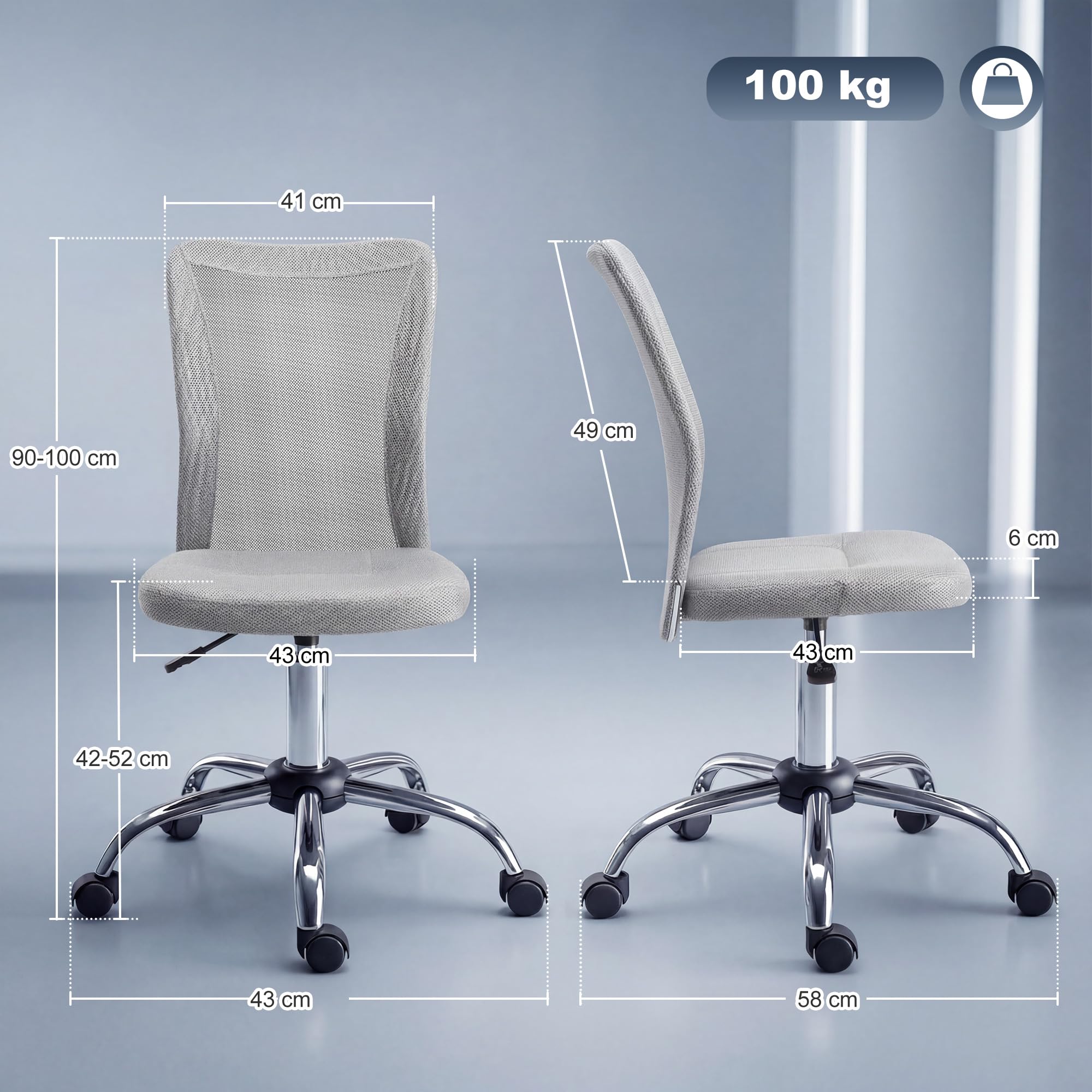 Vinsetto Silla de Oficina de Malla sin Brazos 100 kg 43x58x90-100 cm Gris | Silla de Escritorio Giratoria, Altura Ajustable, para Estudio Despacho