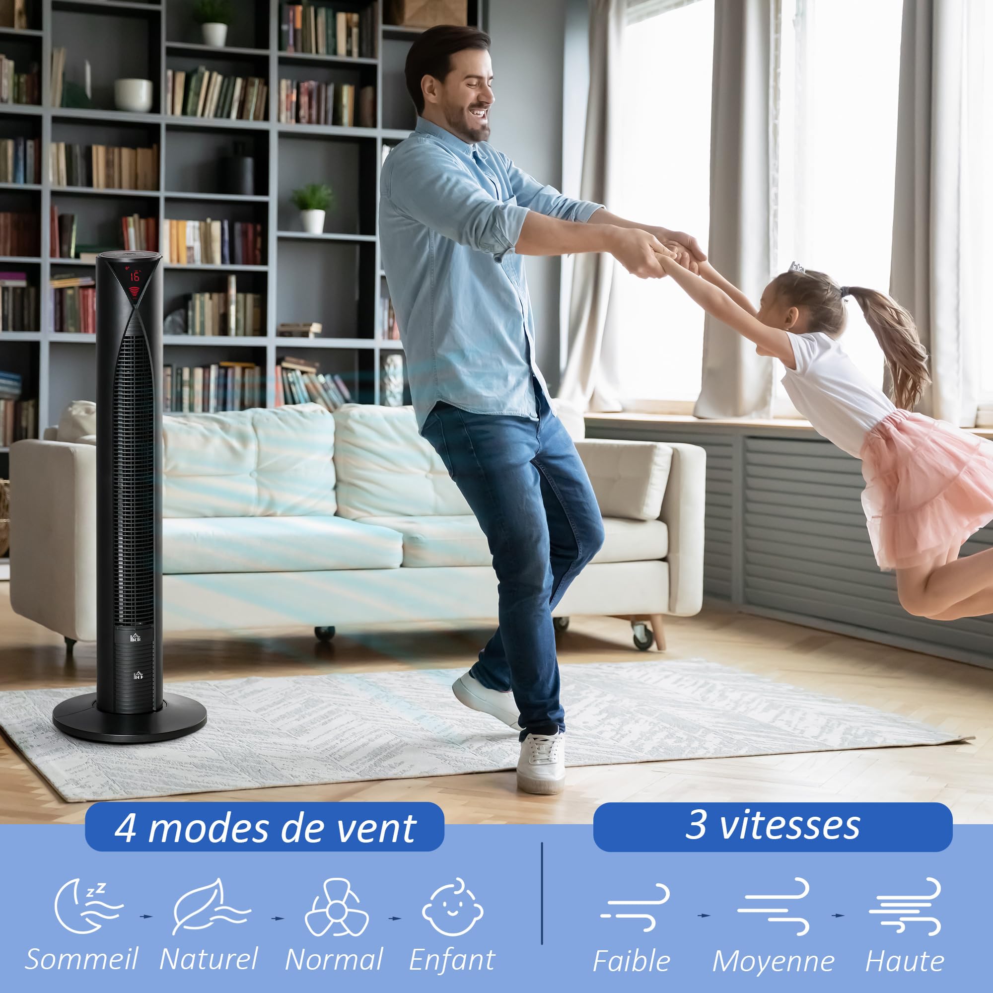 HOMCOM Ventilateur colonne, avec télécommande, minuterie 12 heures, mode veille, 3 vitesses, ventilateur tour oscillant pour maison, chambre à coucher, bureau, noir