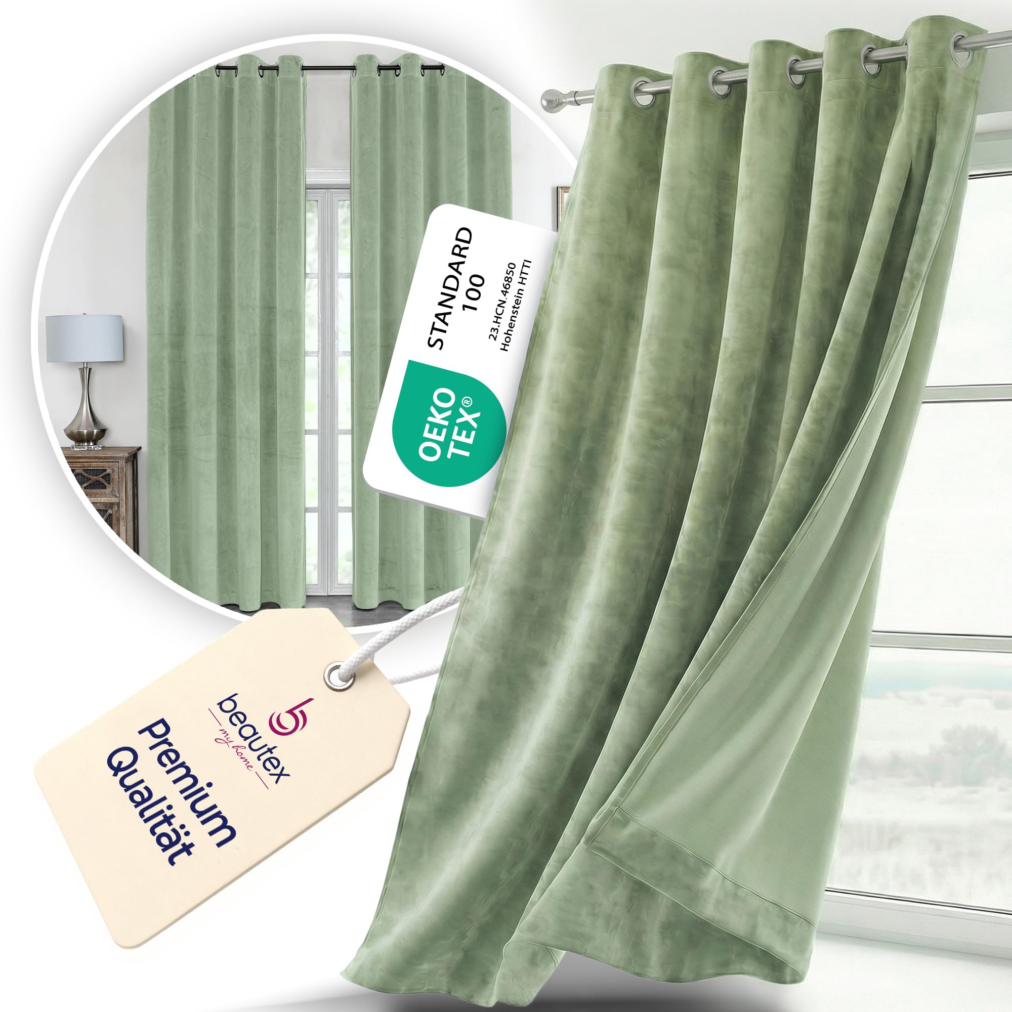 BEAUTEX Samtvorhang Ösen Hellgrün 300x245 cm Velvet Verdunkelung | Weicher Velvet-Samt, blickdicht, lichtmindernd, pflegeleicht, viele Farben und Größen