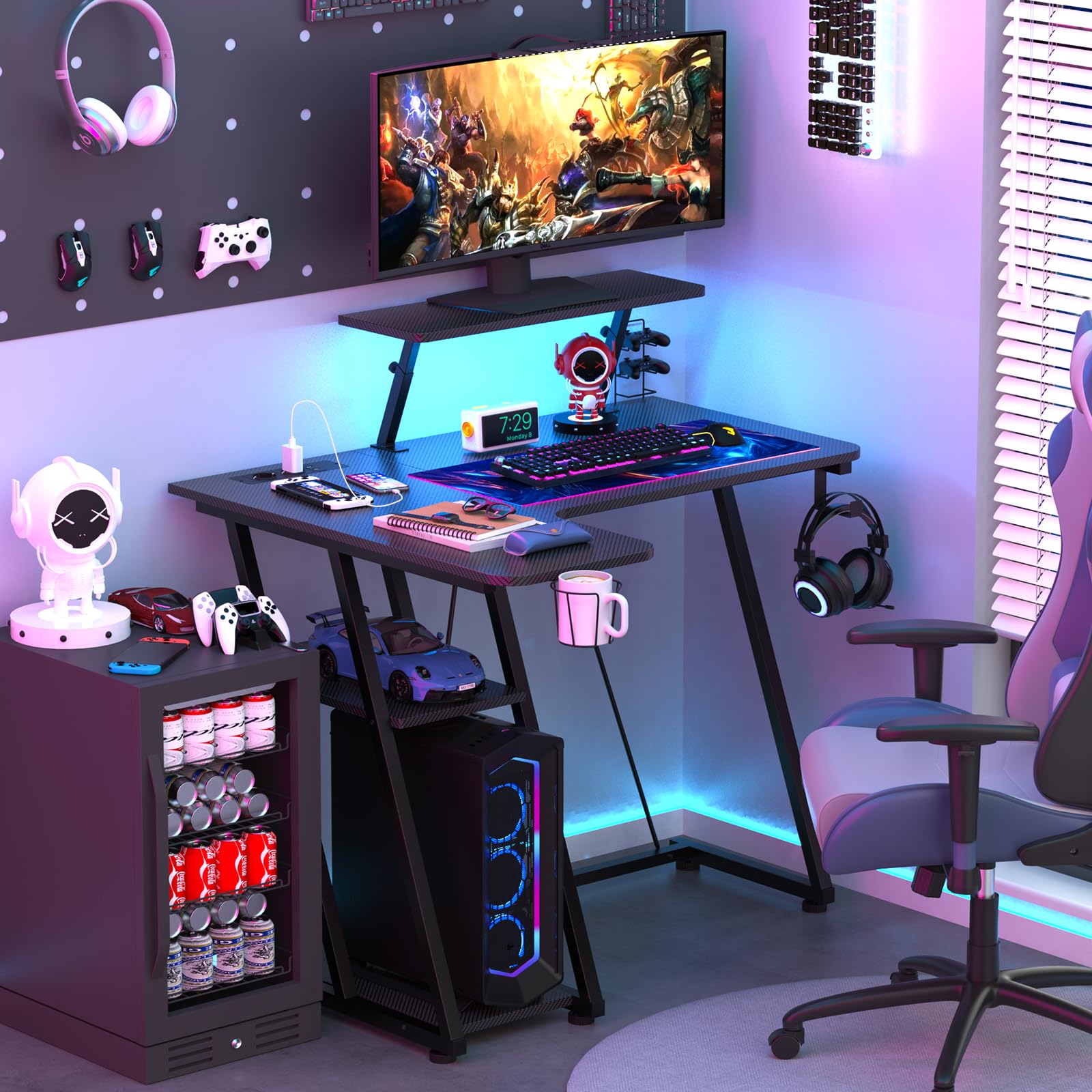 Bureau Gaming LED 100x80 cm, Table Gamer avec Rangement, 2 Prises Electriques et 2 Ports USB