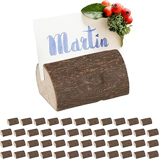 Relaxdays Juego Mesa Set de 48 Soportes para Fotos, Porta Tarjetas, Menús, Postales, para Bodas, Fiestas, Madera, Natural, 2,5 x 5,5 x 3-3,5 cm