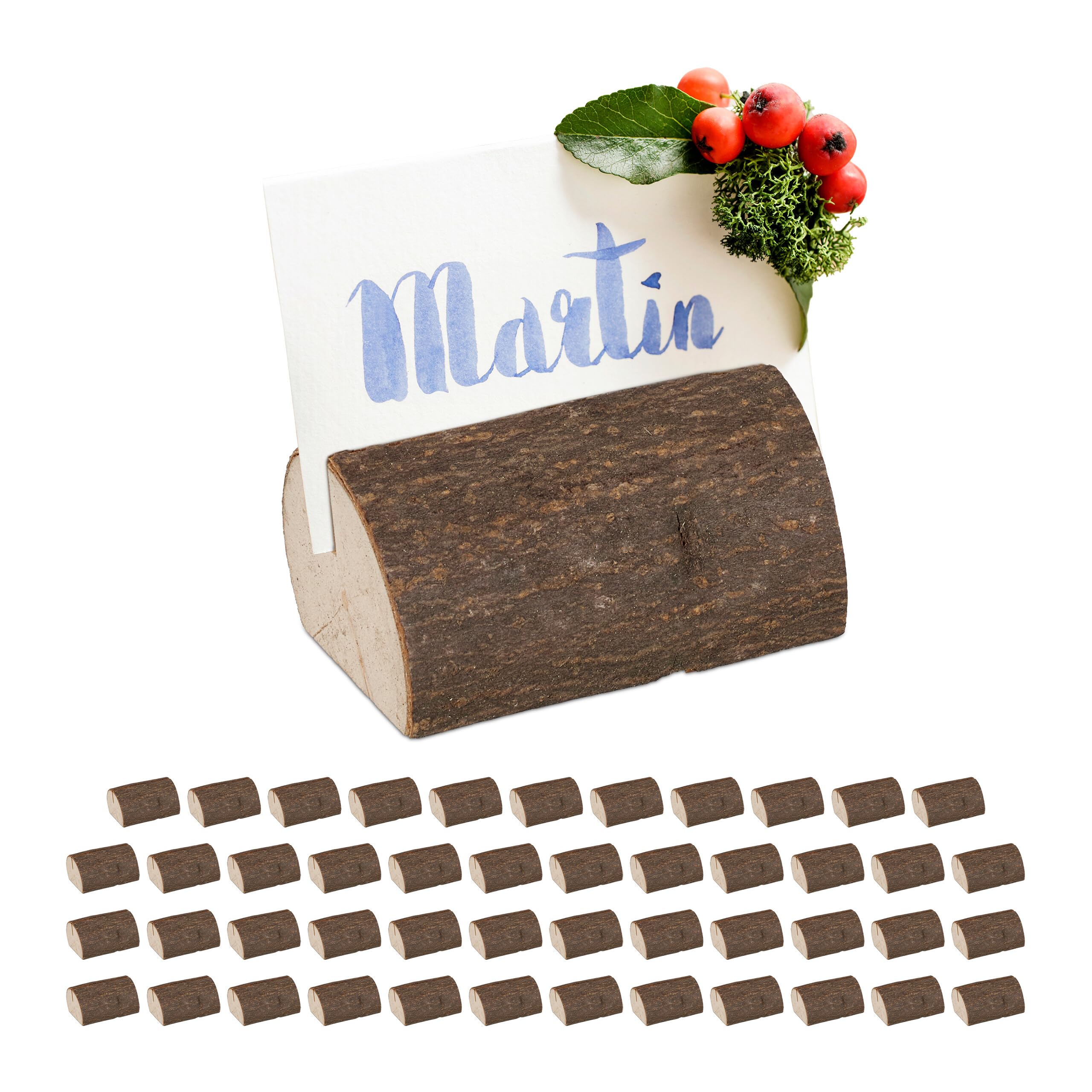 Relaxdays Juego Mesa Set de 48 Soportes para Fotos, Porta Tarjetas, Menús, Postales, para Bodas, Fiestas, Madera, Natural, 2,5 x 5,5 x 3-3,5 cm