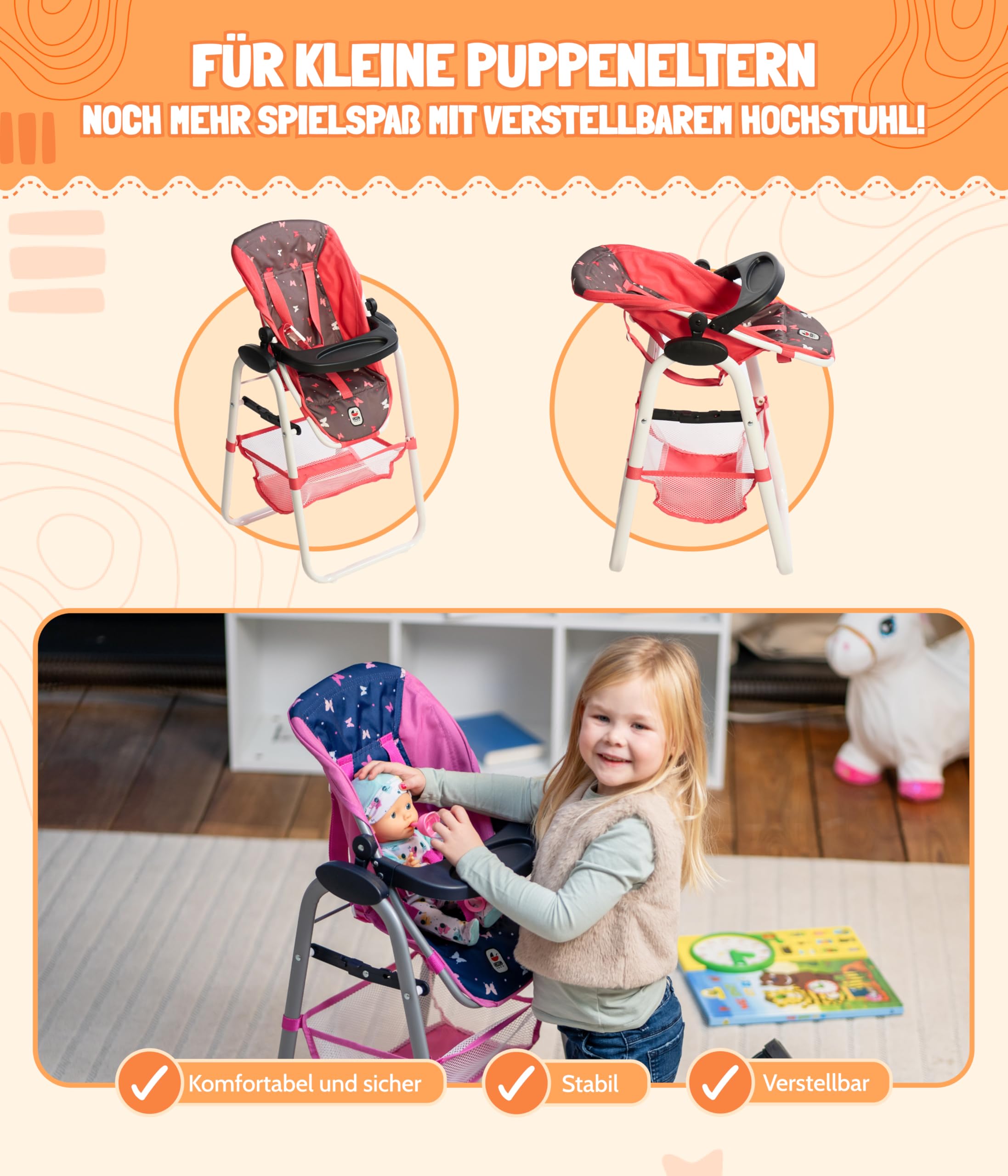 Bayer Chic 2000 - Trona para muñecas, Trona para muñecas, Muebles de muñecas, Accesorios para muñecas, Gris Melange, Rosa, pequeño