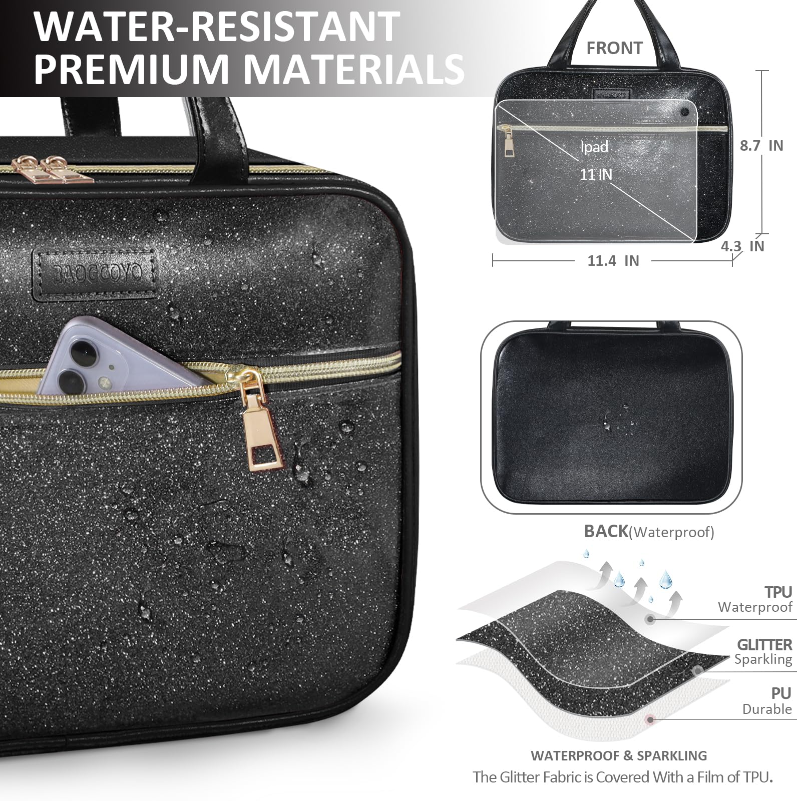 Beauty case da donna, borsa da toilette da appendere, impermeabile, organizer per articoli da toeletta glitterata, organizer per accessori da viaggio, elementi essenziali da viaggio, grande