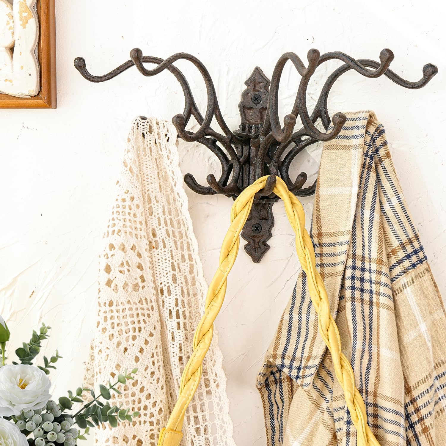 Sungmor Heavy Duty Swivel Cast Iron Wall Hooks,Vintage Brown Coat Hanger Rack for Keys,Hats and Bags - Farmhouse Wall-Mounted Hooks