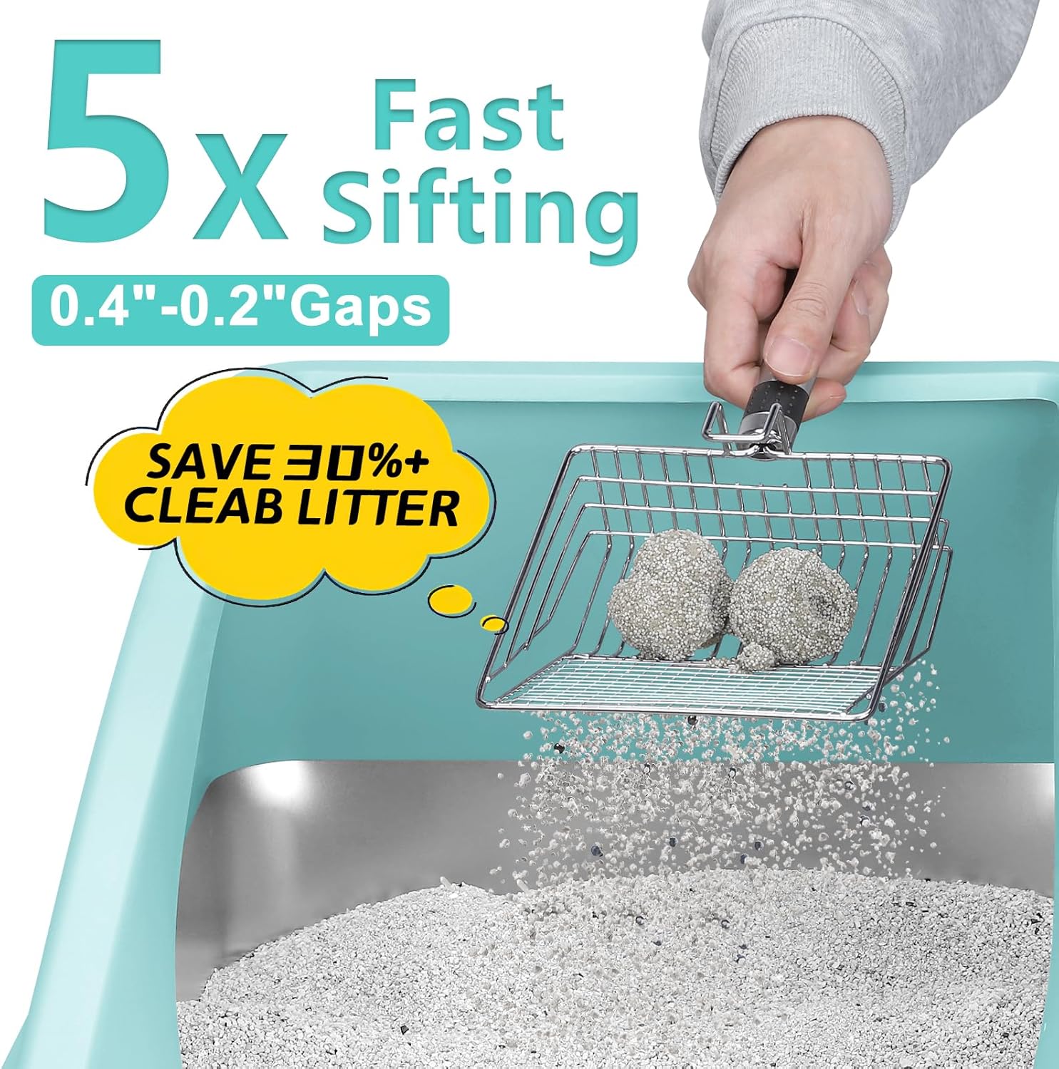 Stainless Steel Litter Box | XXL Deepened 8" Design Enclosed Box with Lid for Big Cats | High Sided, Anti-Urine Leakage | Non-Stick Bottom & Includes Litter Mat & Metal Scoop (Turquoise)