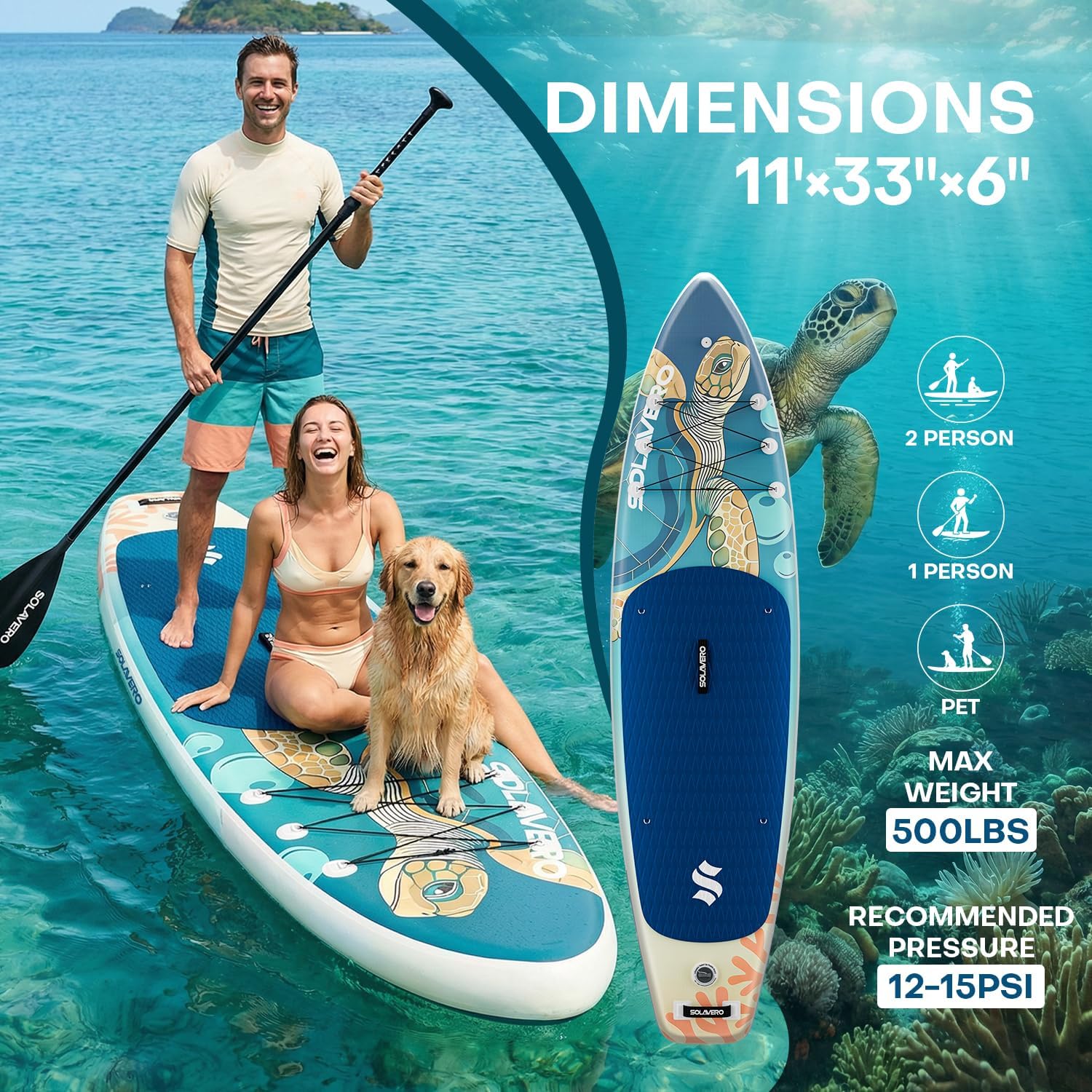 SOLAVERO Stand Up Paddle Board 11' Inflatable SUP for Adults, Blow Up Paddle Board with Non-Slip EVA Deck 500LB Capacity Wide Board for All Skill Levels