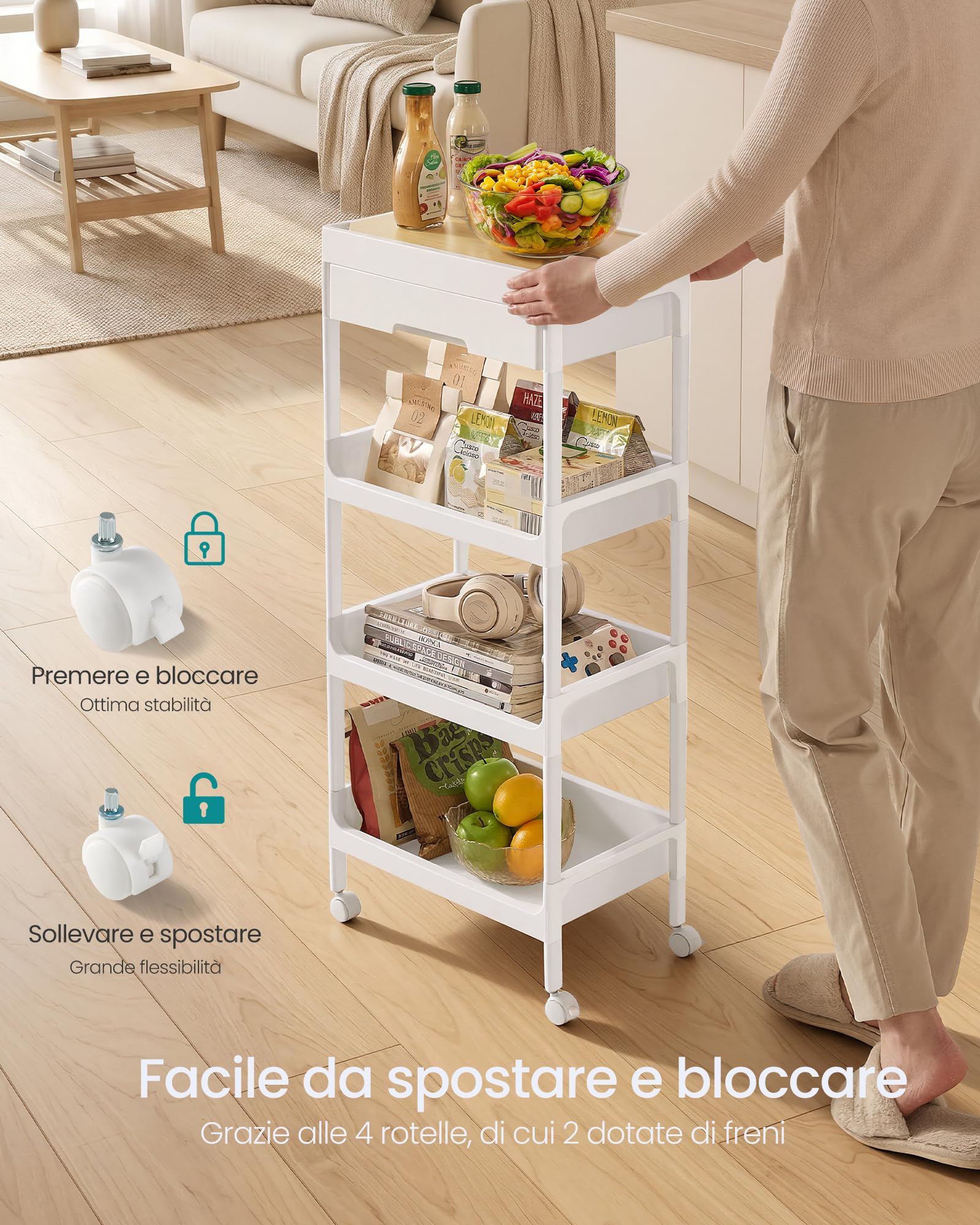 SONGMICS Carrello a 4 Ripiani, Carrello Scaffale da Cucina con Ruote, con Ripiano Rimovibile e Cassetto, in Plastica, Facile da Montare, Bianco e Rovere Dorato BSC070W101