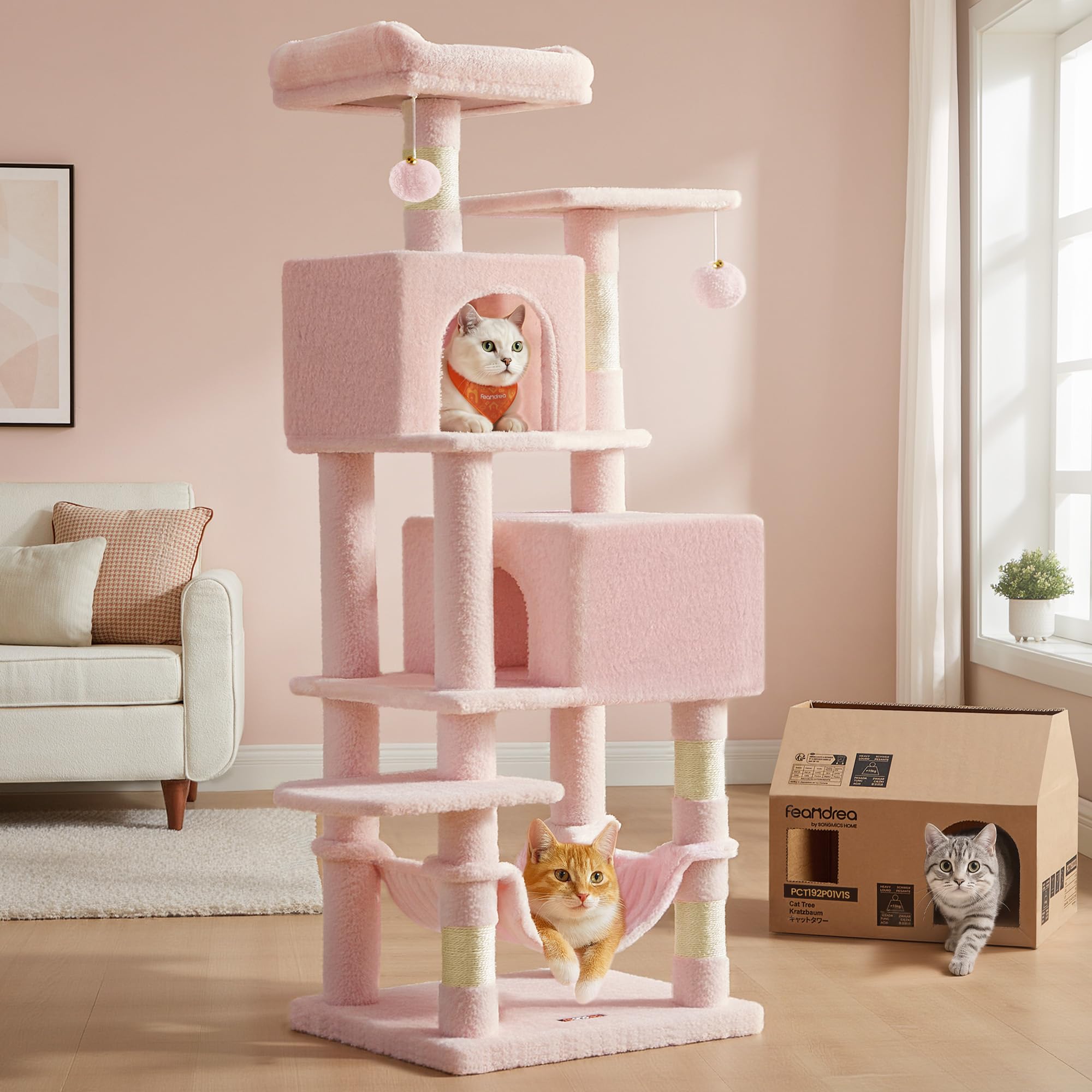 Feandrea Cat Tree, 61-Inch Cat Tower for Indoor Cats, Plush Multi-Level Cat Condo with 5 Scratching Posts, 2 Perches, 2 Caves, Hammock, 2 Pompoms, Jel