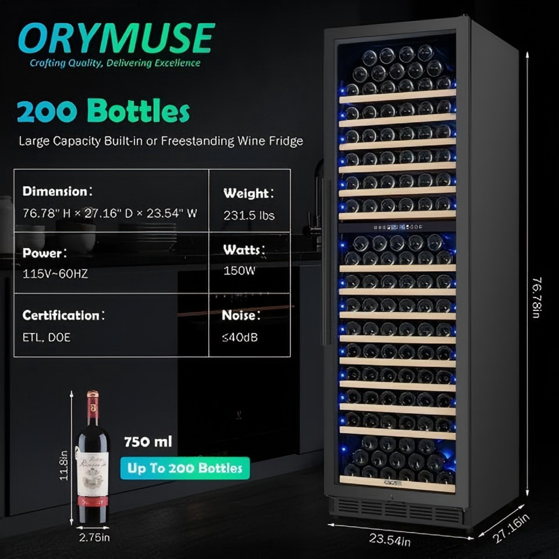 200 Bottle Dual Zone Wine Fridge – 24 Inch Large Capacity Wine Cooler Refrigerator Freestanding/Built-In with Upgraded Compressor, Low-Noise Wine Cellar & Intelligent Temperature Control - Black - Image 8