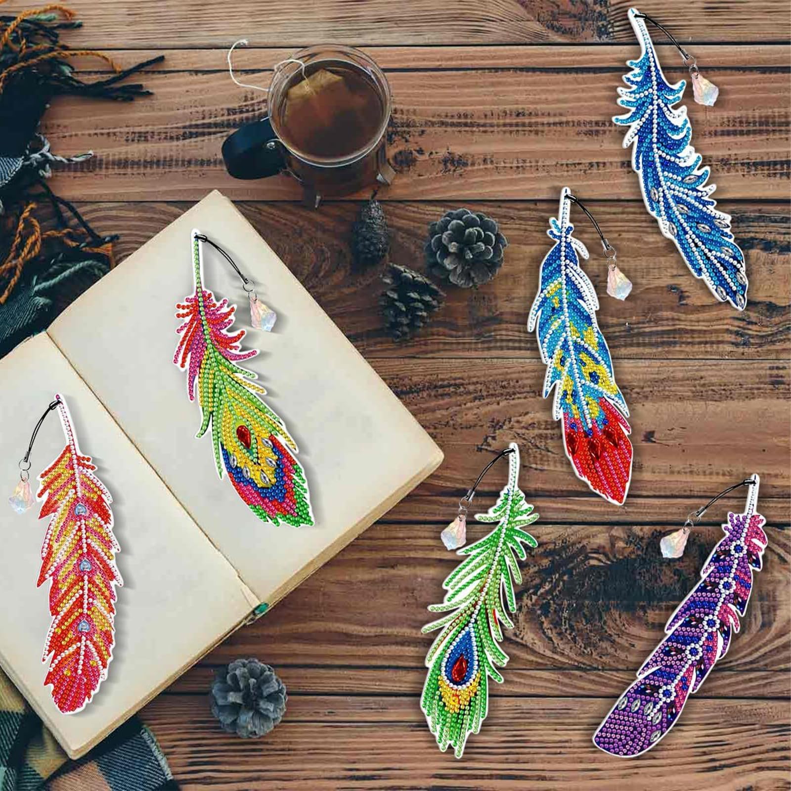 6 Segnalibri Diamante Fai Da Te - Kit Con Piume E Strass - Idea Regalo Creativa