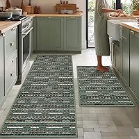 BSICPRO Non-Slip Kitchen Rug Set of 2 - Thick Stain Resistant Vintage Mats, Washable Runner 22x59 + 20x32 Green