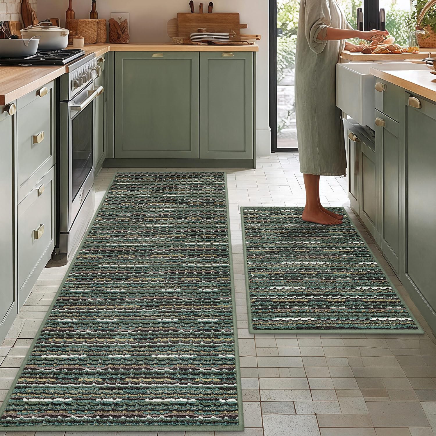 BSICPRO 2-Piece Kitchen Rug Set Green