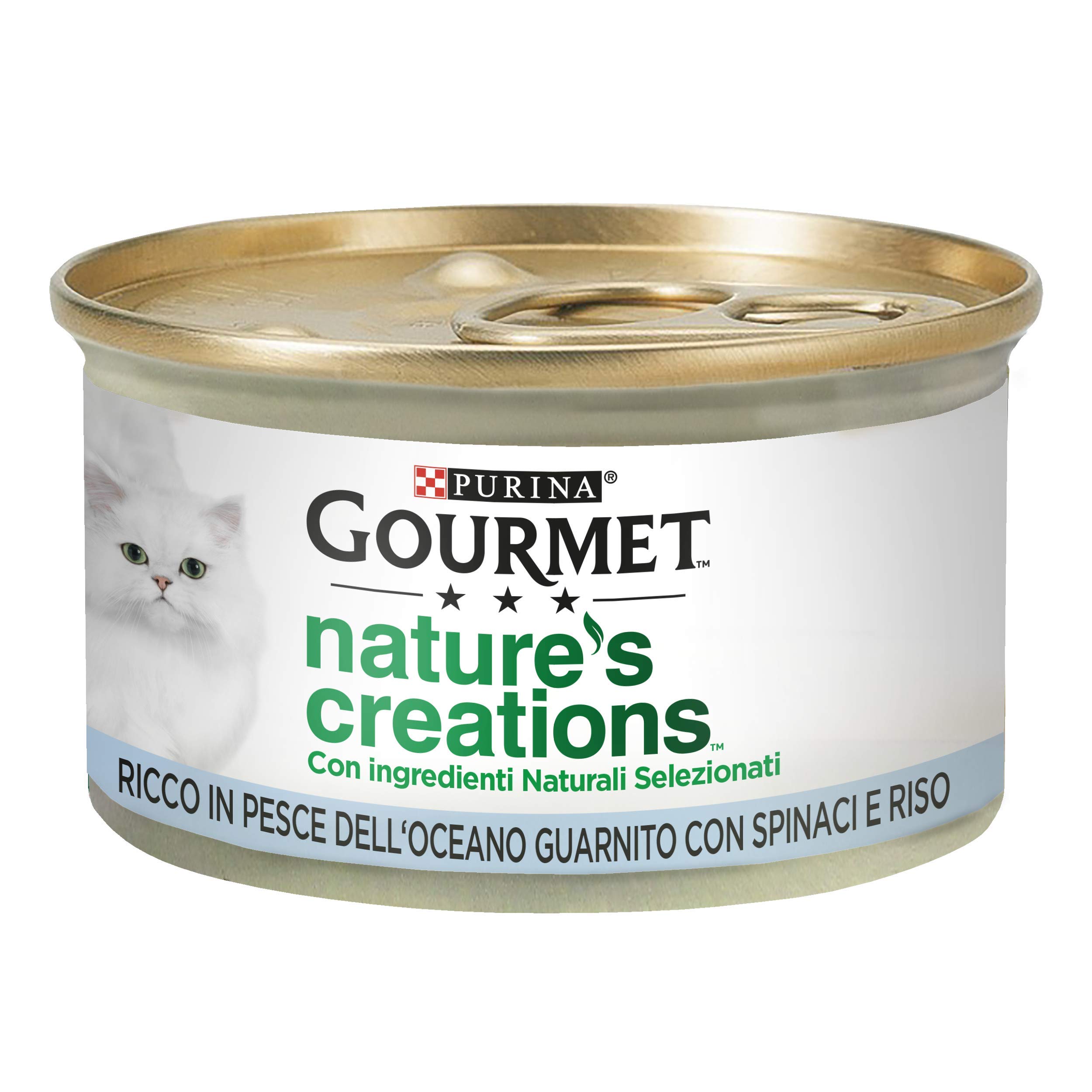 Purina Gourmet Nature's Creations Nassfutter für Katzen, reich an Meeresfisch, garniert mit Spinat und Reis, 24 Dosen à 85 g