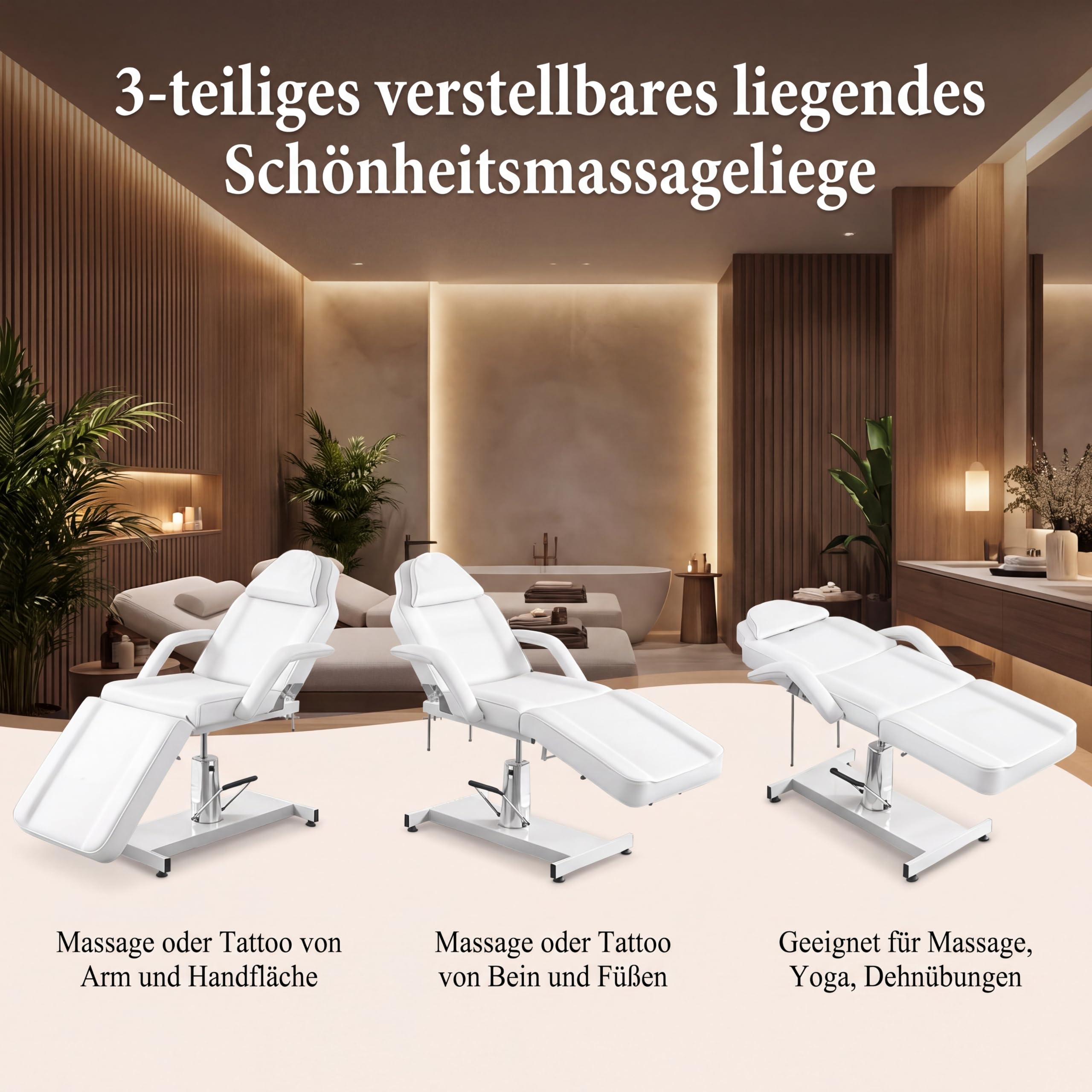 360° Drehbare Professionelle Hydraulisch Kosmetikliege Mit Hocker Verstellbare Massageliege Mit Abnehmbaren Armlehnen & Kopfstütze – Tattooliege Set Für Spa, Tattoo, Gesichtspflege (Weiß)