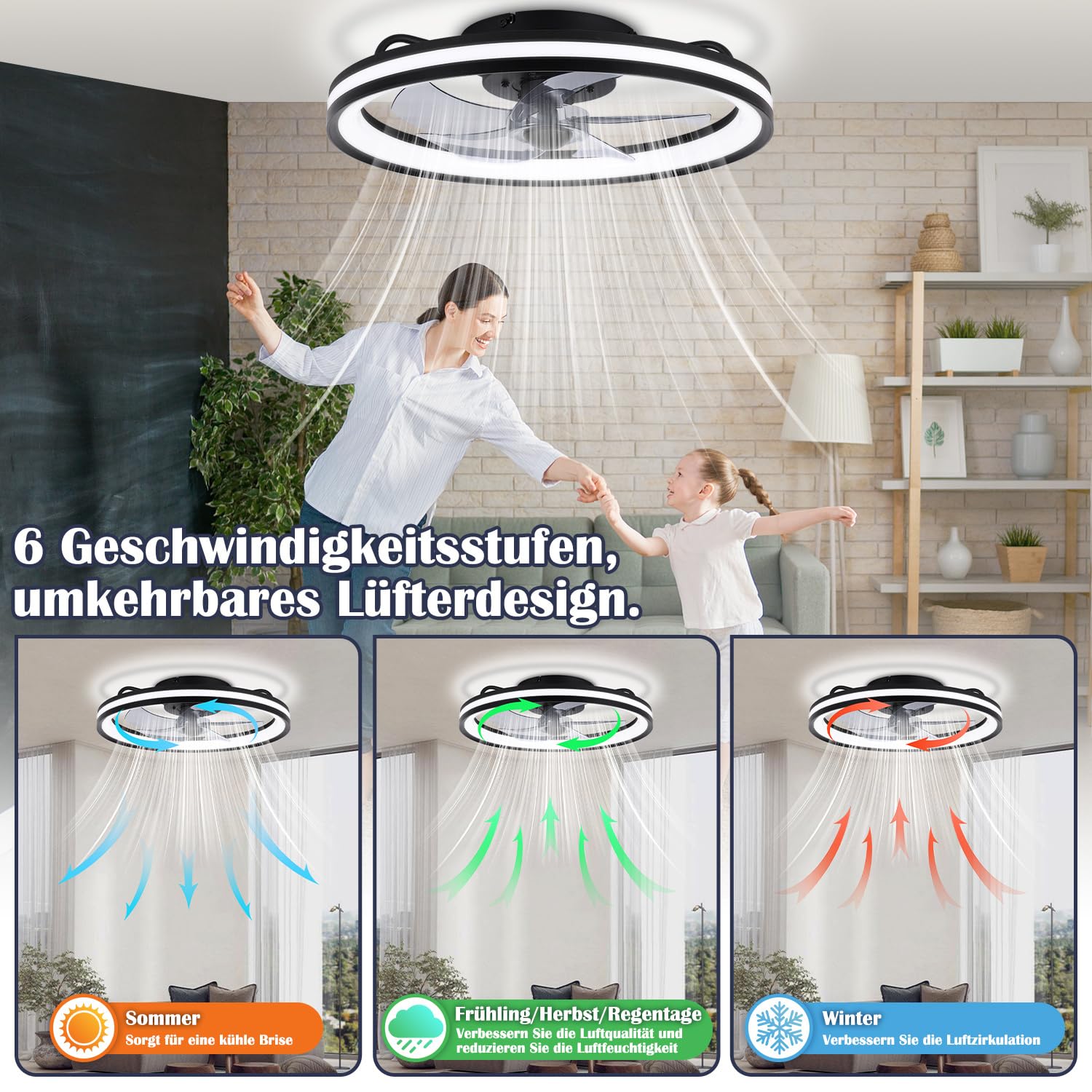 Daromigo Ventilatore da Soffitto con Luce Ø50 cm, Ventilatore LED Dimmerabile con Telecomando e App Bluetooth, 6 Velocità, Timer, Funzione Reversibile Estate/Inverno, per Camera, Nero