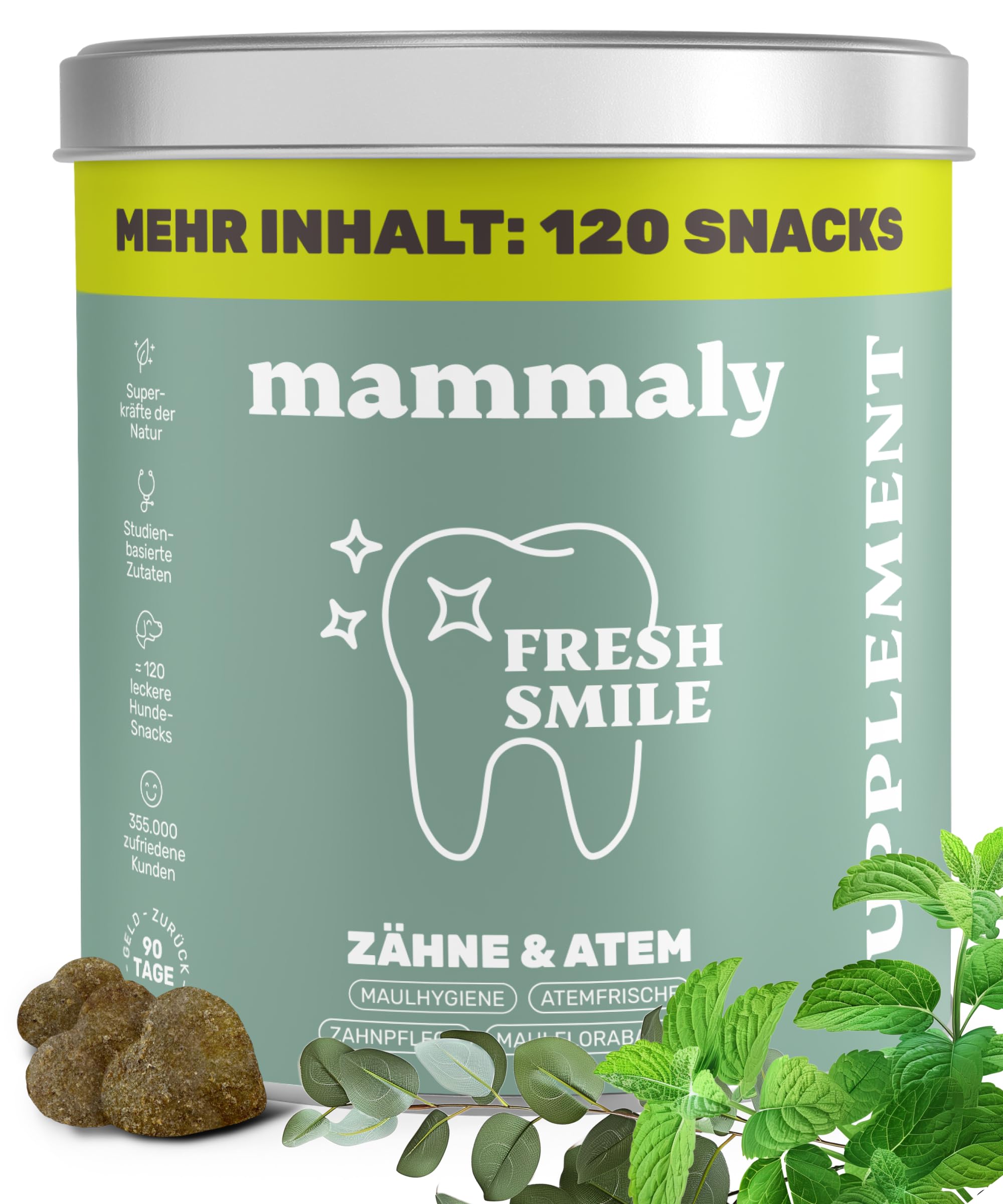 10-in-1 Zahnpflege Leckerli für Hunde - Fresh Smile 120 Snacks (350g) von mammaly - Gegen Mundgeruch, Zahnstein mit Pfefferminz, Seealge, Vitamin C, Petersilie u. v. m. für Maulhygiene, Mundpflege