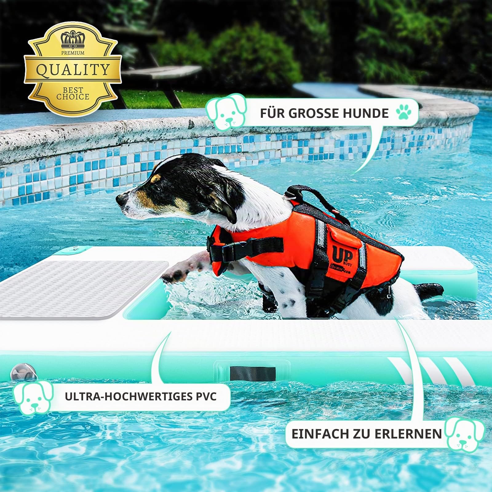 Aufblasbare schwimmende Rampe für große Hunde, zum Schwimmen für Haustiere bis zu 100 kg, aufblasbare Leitern für Boote, Stege, mit Pumpe/Seil/Reparaturset, rutschfestem PVC-Gewebe