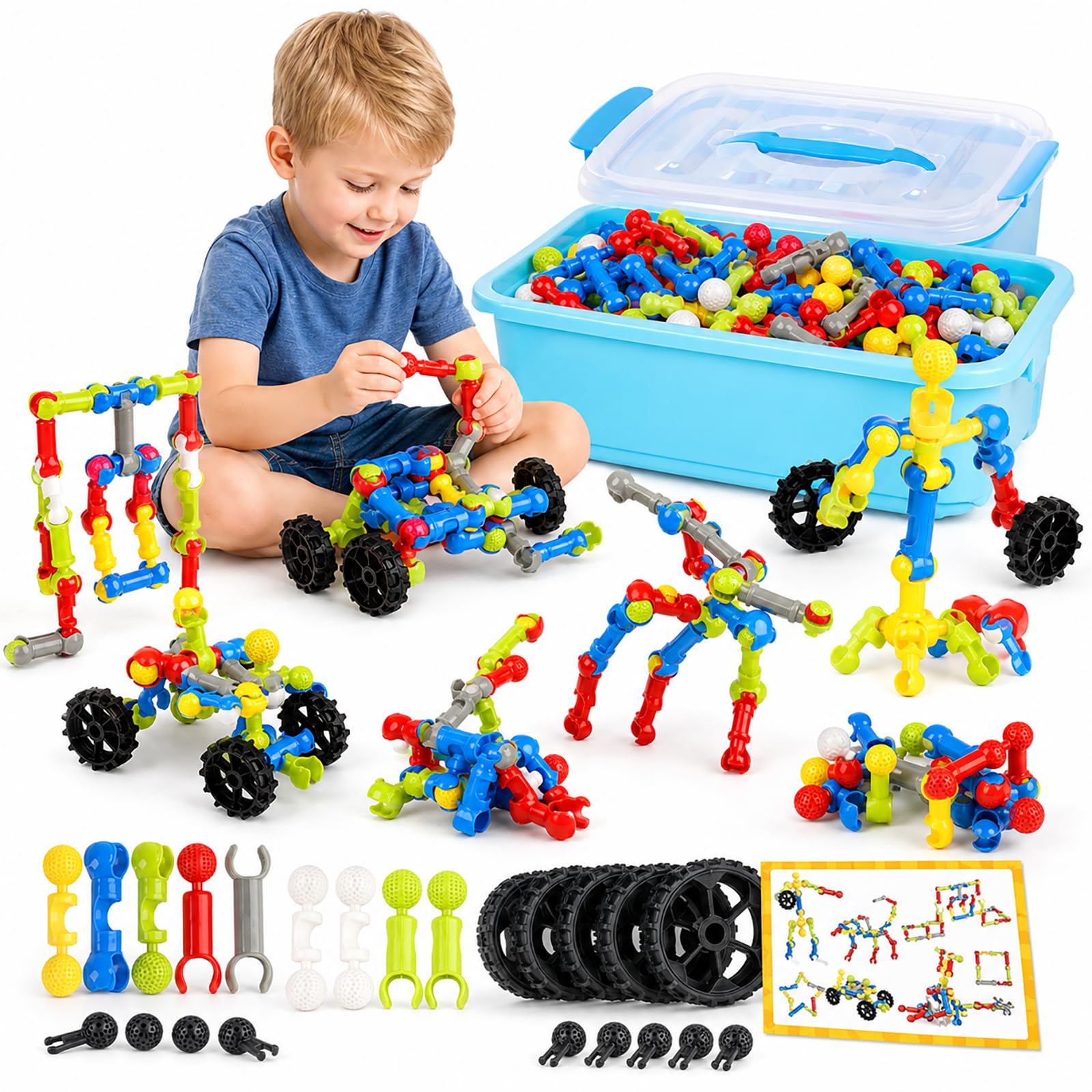 144PCS Building Blocks for Kids, STEM Construction Toys with Wheels and Box