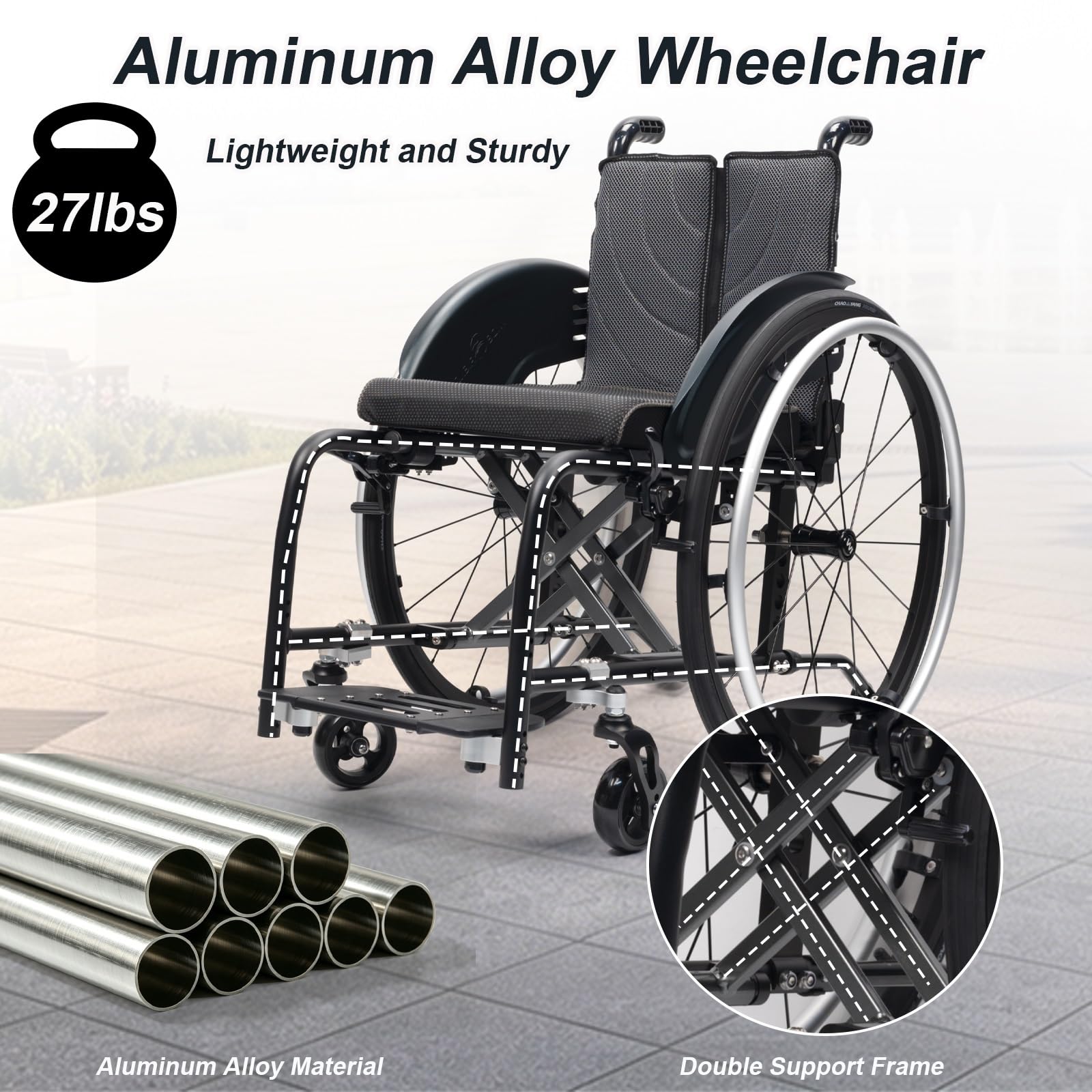 Silla de ruedas plegable ligera,de Aluminio, Viaje de embarque | [Autopropulsable, Reposapiés Extraíbles, Aluminio,Ultraligera, Frenos de acompañante](Blue,44cm/17.3in Seat)