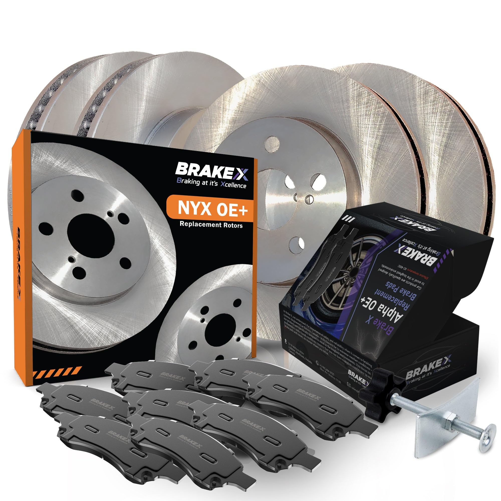 Brake X Front and Rear Brake Pads and Rotors Kit with brake caliper compression tool replacement for 2017-2020 BMW 430i xDrive | NYX OE+ Rotors and